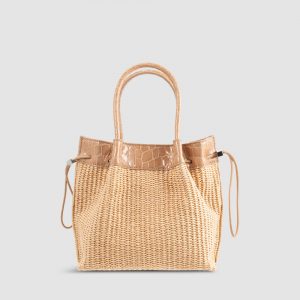 By Far Baby Kayla Raffia and Croco Embossed Top-Handle Bag