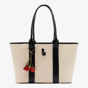 Larroudé City Tote Bag Natural Canvas and Black Leather