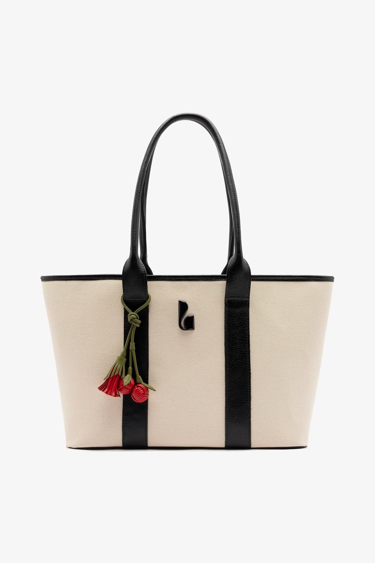 Larroudé City Tote Bag Natural Canvas and Black Leather