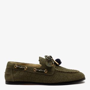 Larroudé Cyprus Boat Shoe Olive Croco Suede