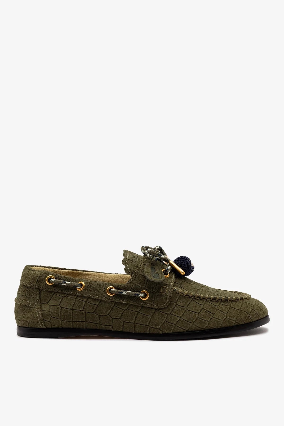 Larroudé Cyprus Boat Shoe Olive Croco Suede