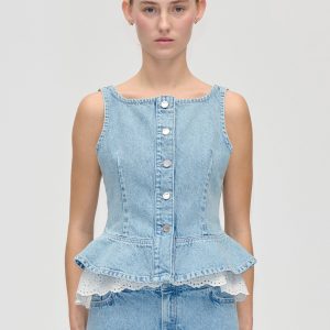Stine Goya Boatneck Frill Buttoned Top - Denim Blue