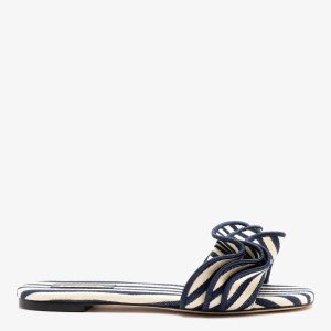 Larroudé Ivy Ruffle Flat Navy Striped Canvas