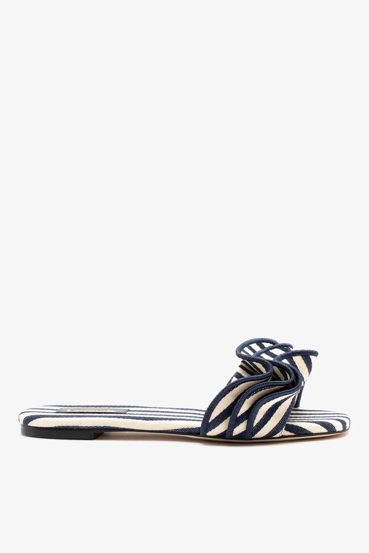 Larroudé Ivy Ruffle Flat Navy Striped Canvas