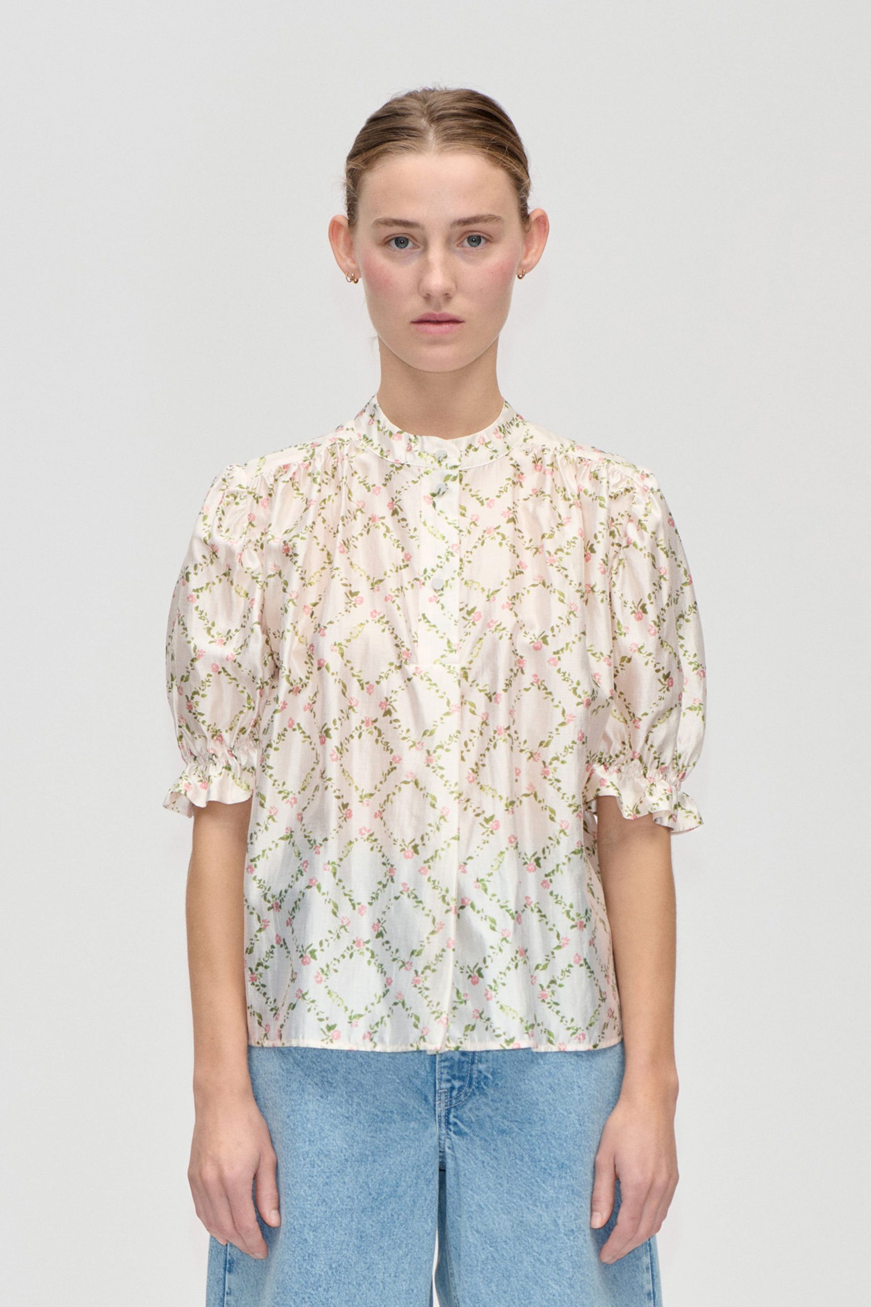 Stine Goya Gathered Top - Sakura Check Pink
