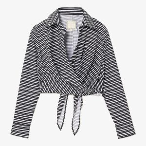 Larroudé Rose Wrap Top In Black and White Striped Cotton
