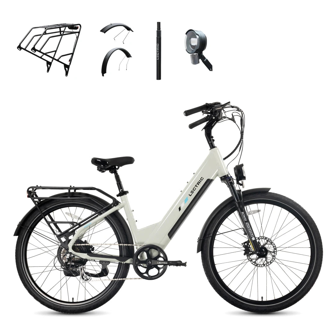 Lectric XPress2 Stratus White Cruiser + FREE Rear Rack, Fenders, Elite Headlight, Suspension Seat