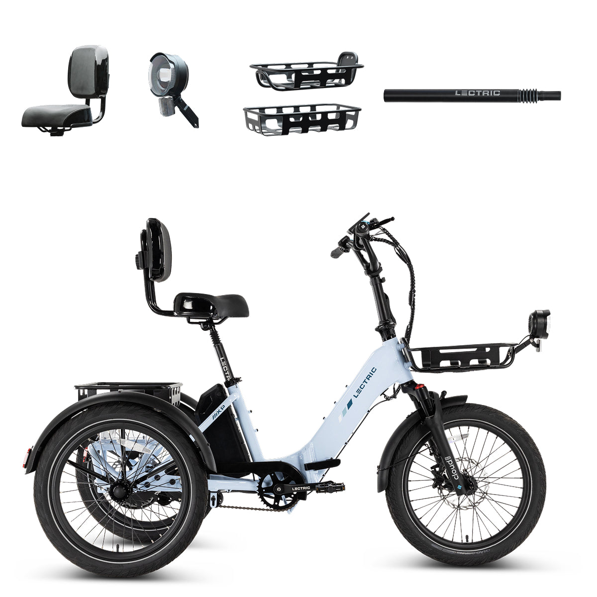 Lectric XP Trike2 750 Glacier Blue + FREE Support Seat, Elite Headlight, Suspension Seat Post, Car