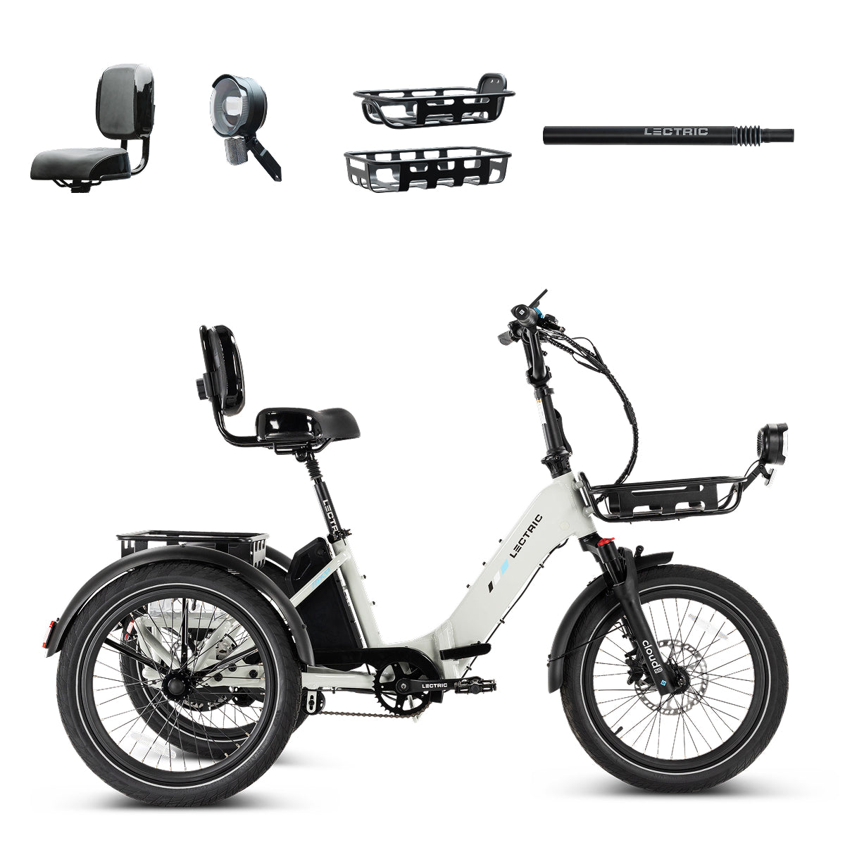 Lectric XP Trike2 750 Stratus White + FREE Cargo Package, Support Seat, Elite Headlight, Suspensio