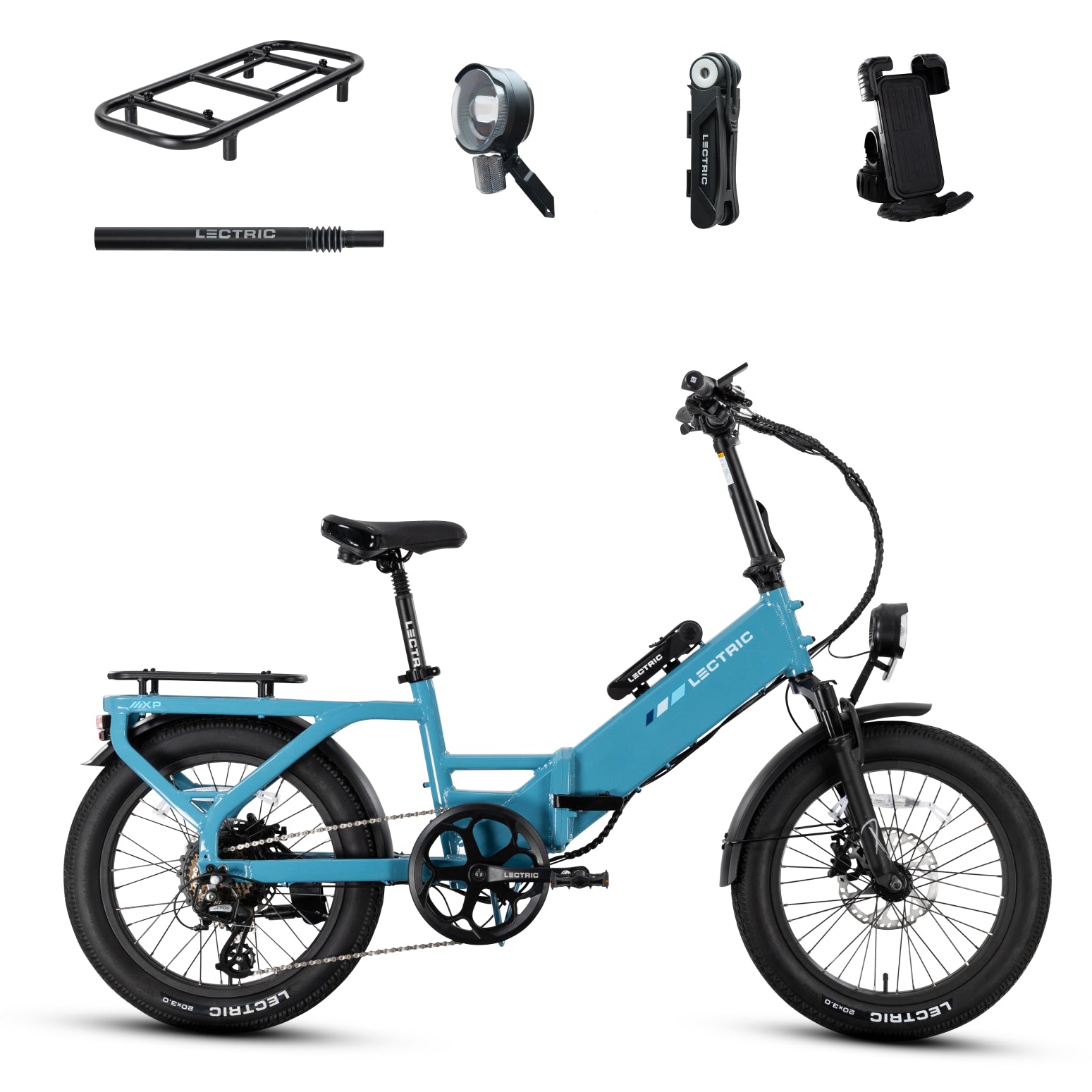 Lectric XP4 750 Step-Thru Raindrop Blue + FREE LevelUp Rack, Phone Mount, Suspension Seat Post, El