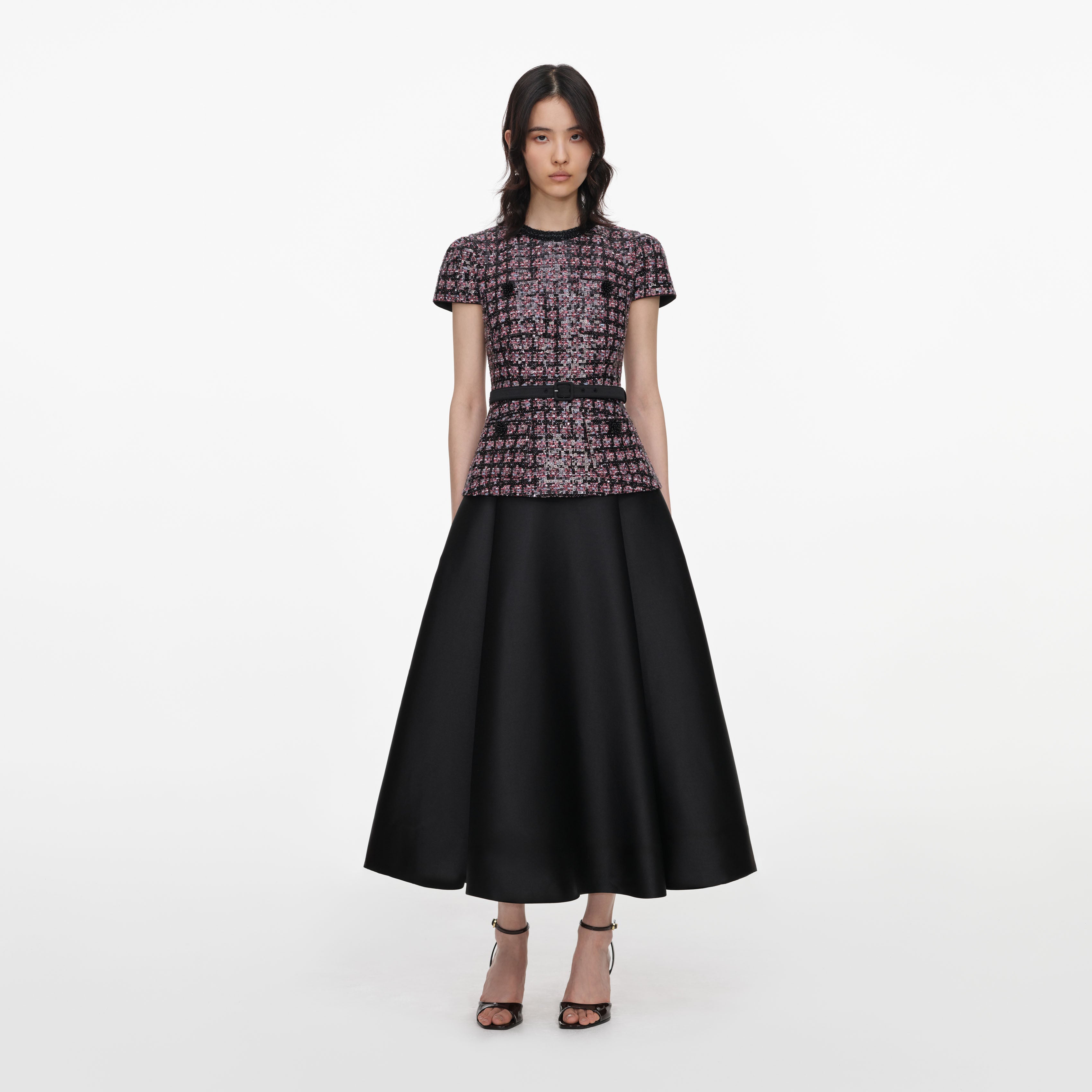 Self Portrait Pink and Black Sequin Boucle Midi Dress