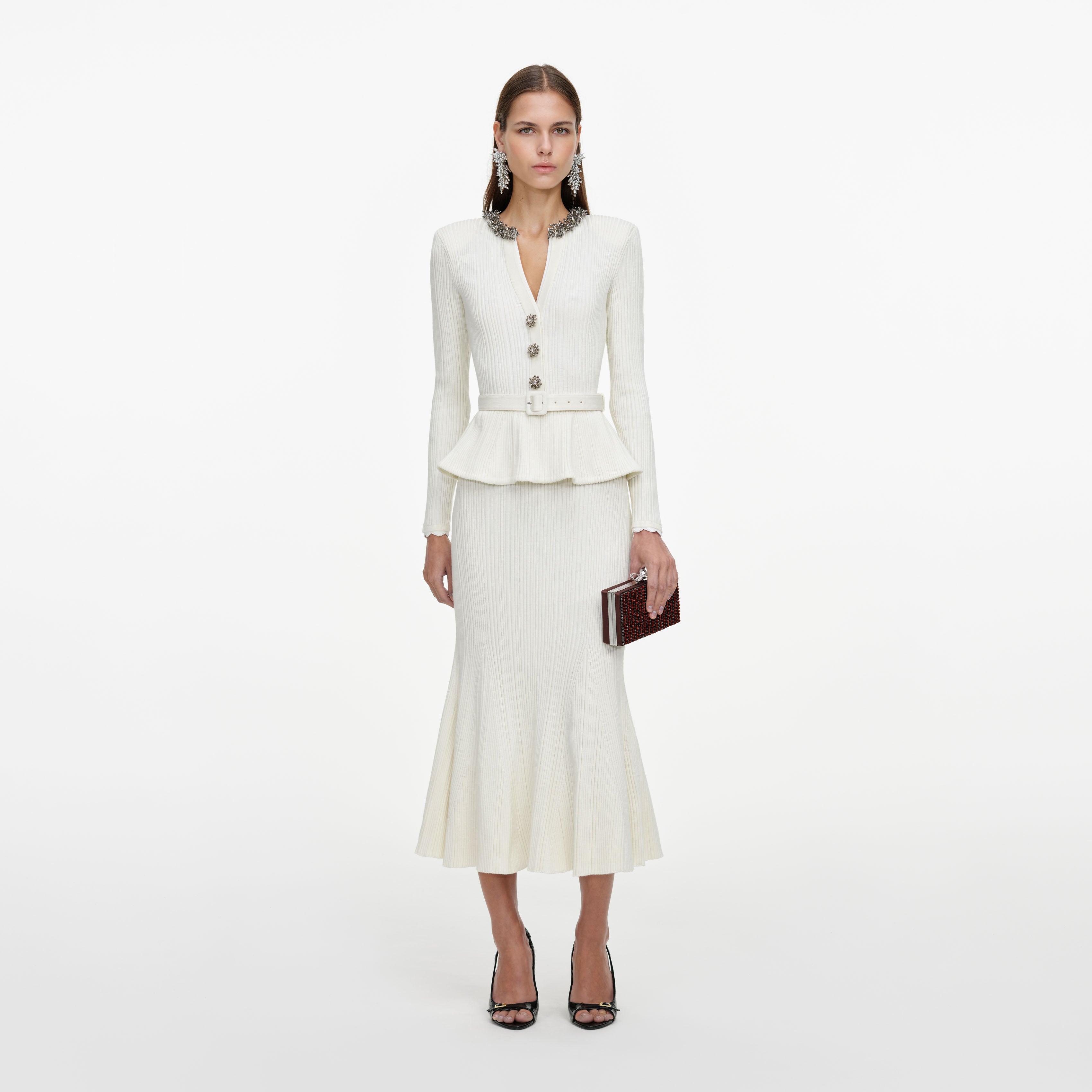 Self Portrait Cream Lurex Rib Knit Midi Dress