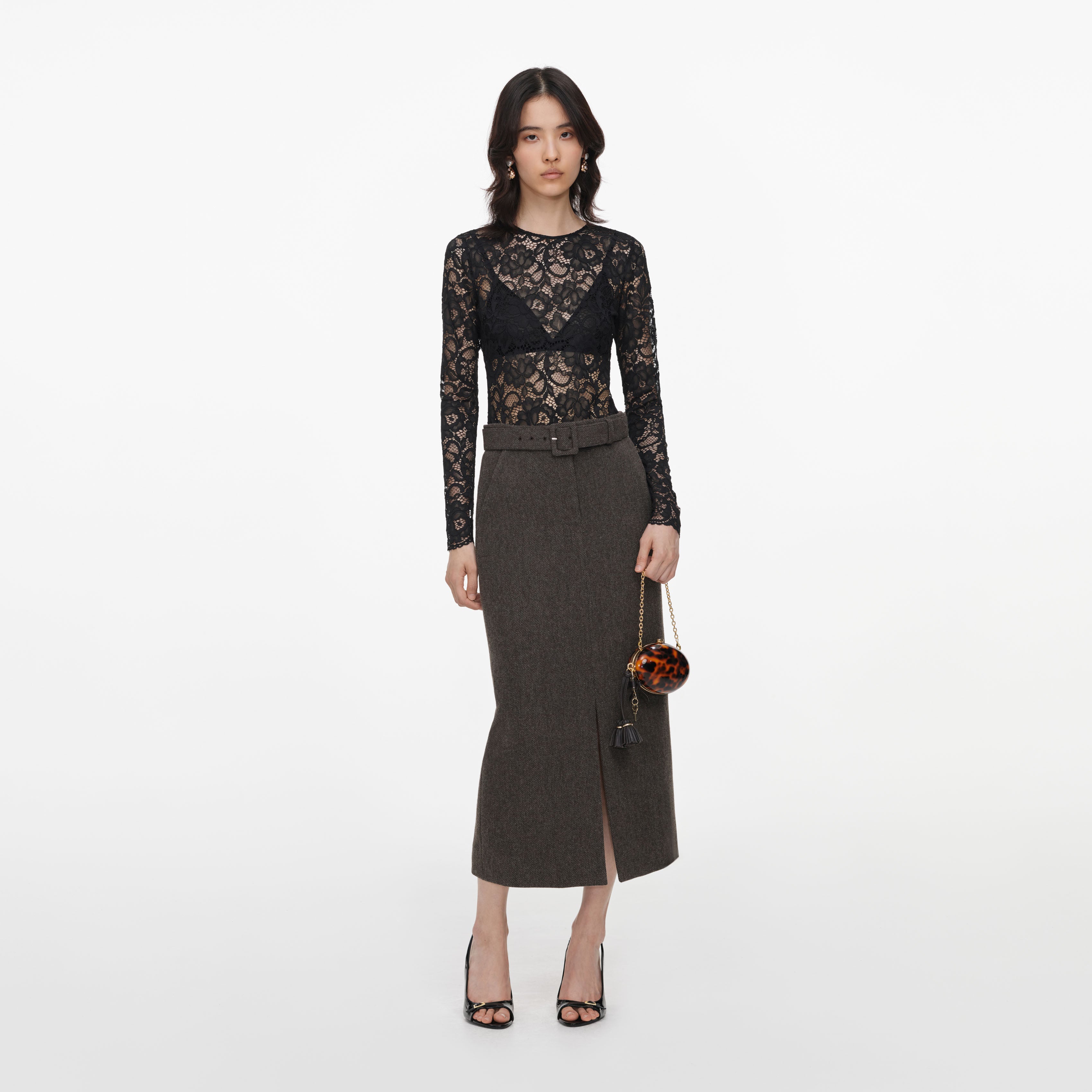 Self Portrait Brown Wool Midi Skirt