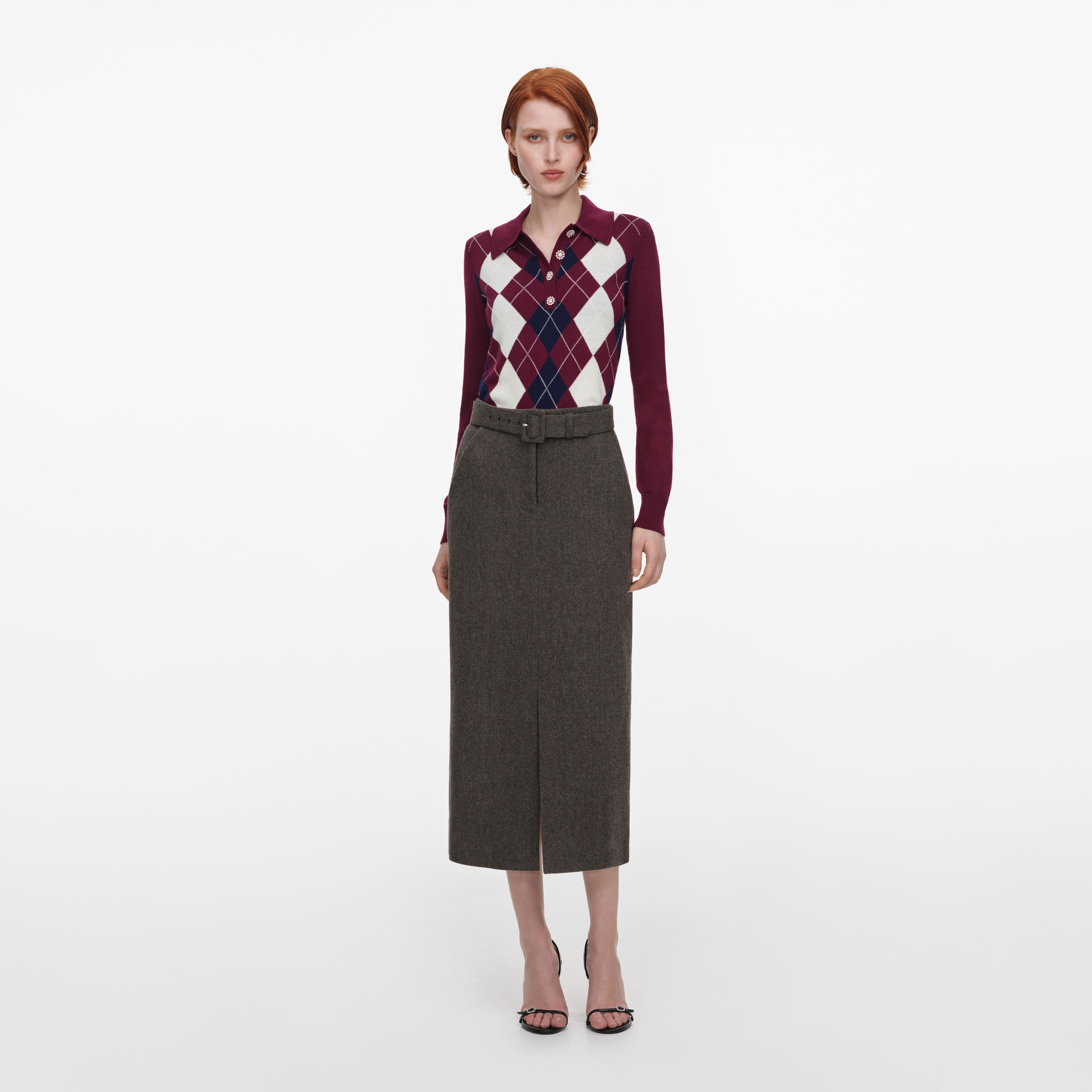 Self Portrait Burgundy Argyle Lightweight Jumper