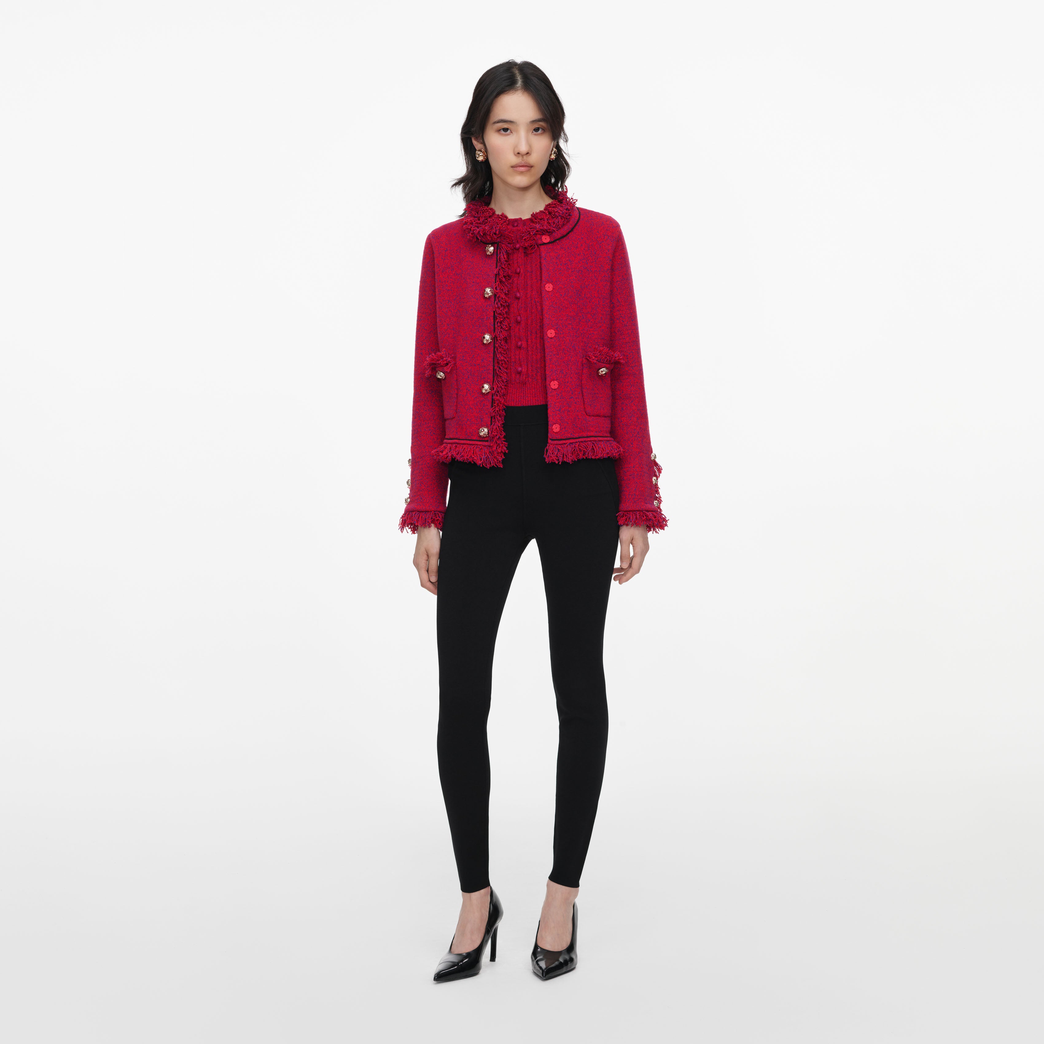 Self Portrait Red Frayed Knit Jacket