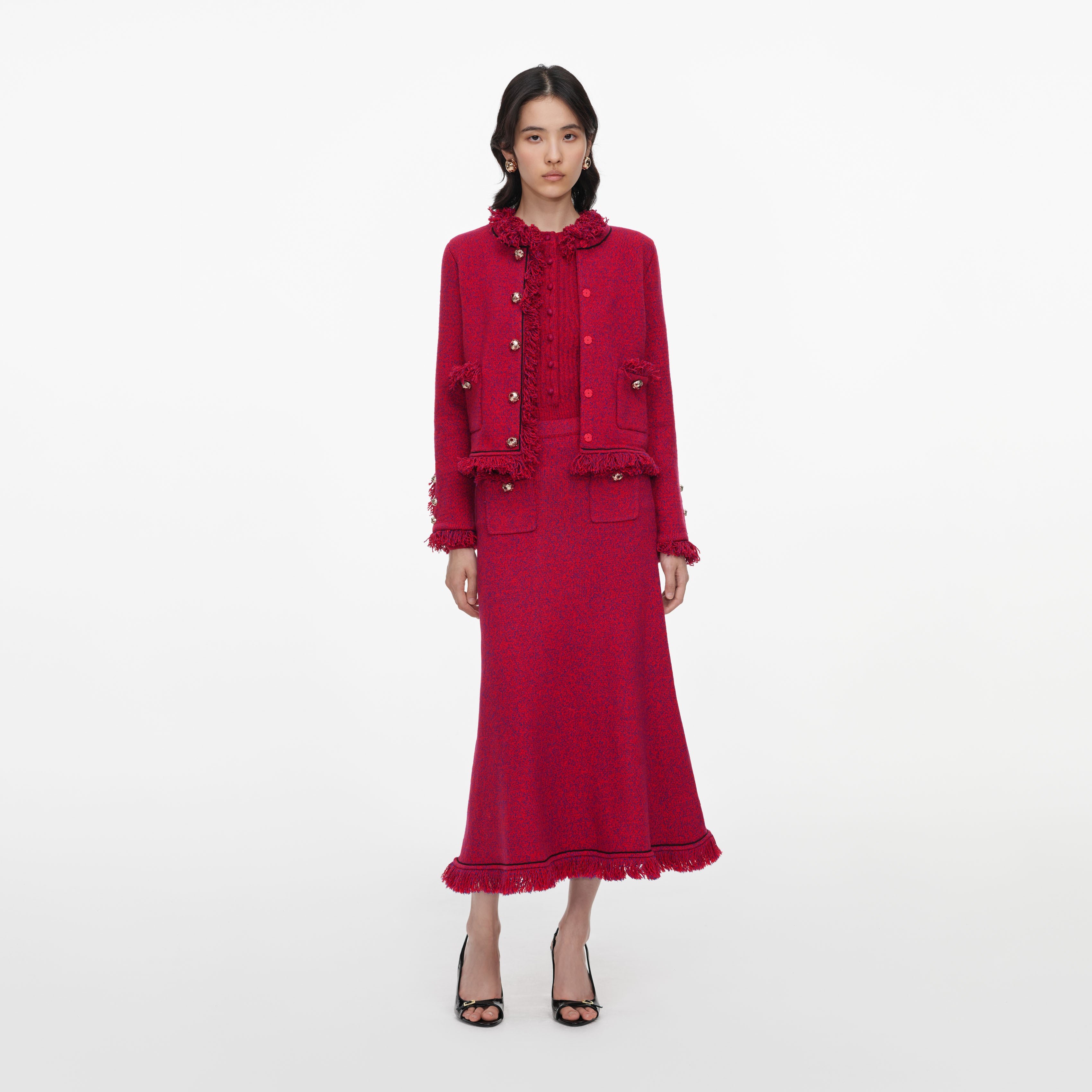 Self Portrait Red Frayed Knit Midi Skirt