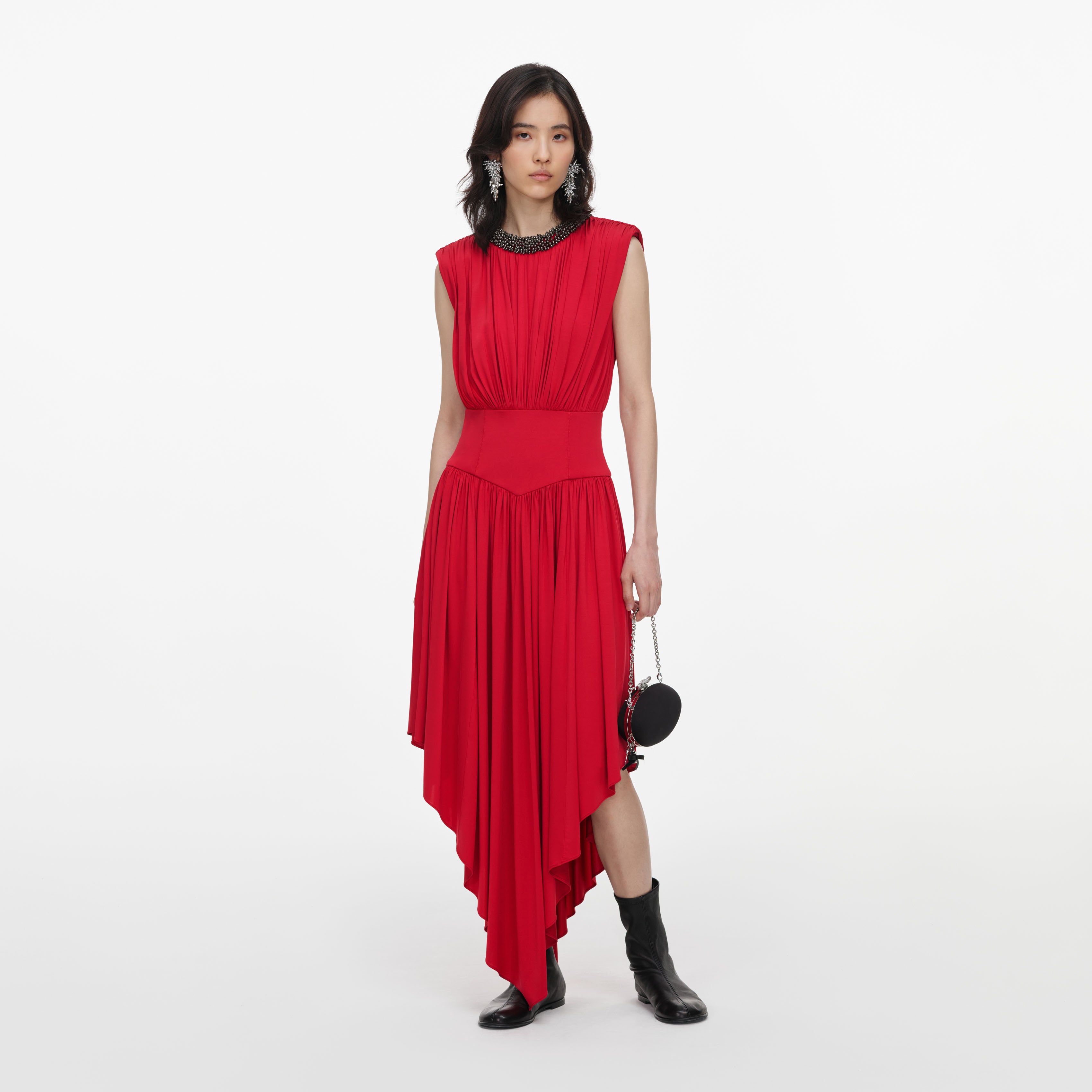 Self Portrait Red Jersey Drape Asymmetric Midi Dress