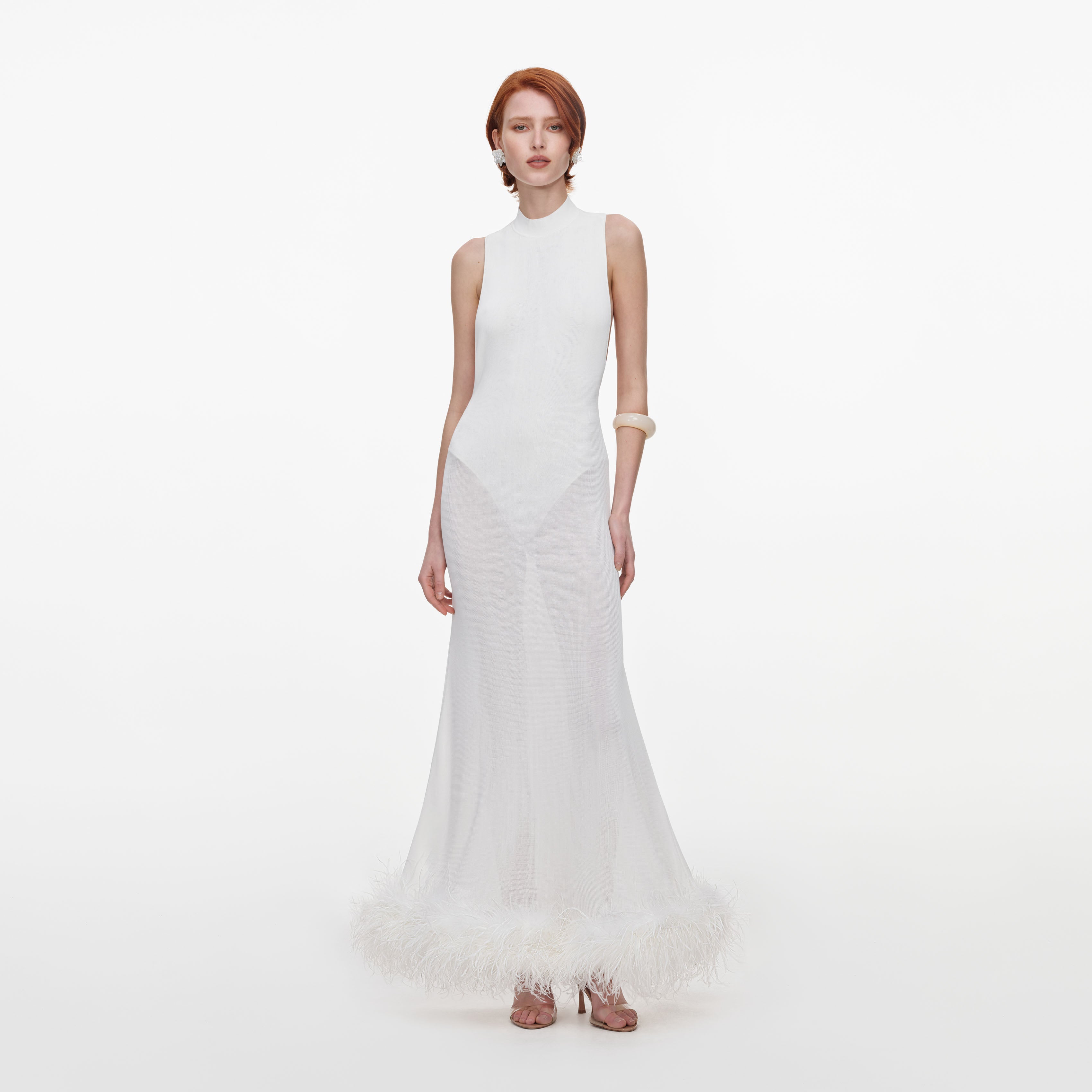 Self Portrait White Racer Back Feather Knit Midi Dress