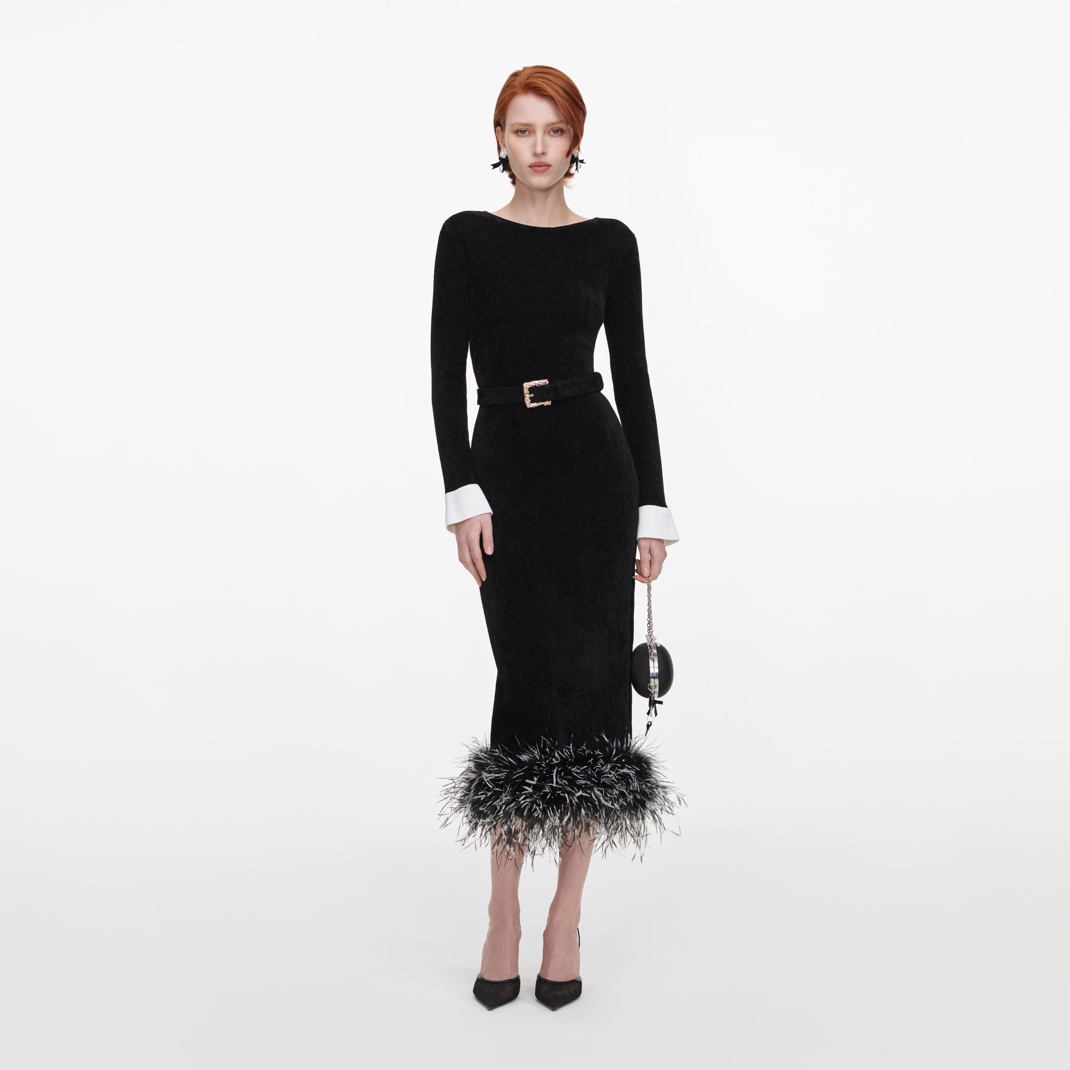 Self Portrait Black Chenille Knit Feather Midi Dress