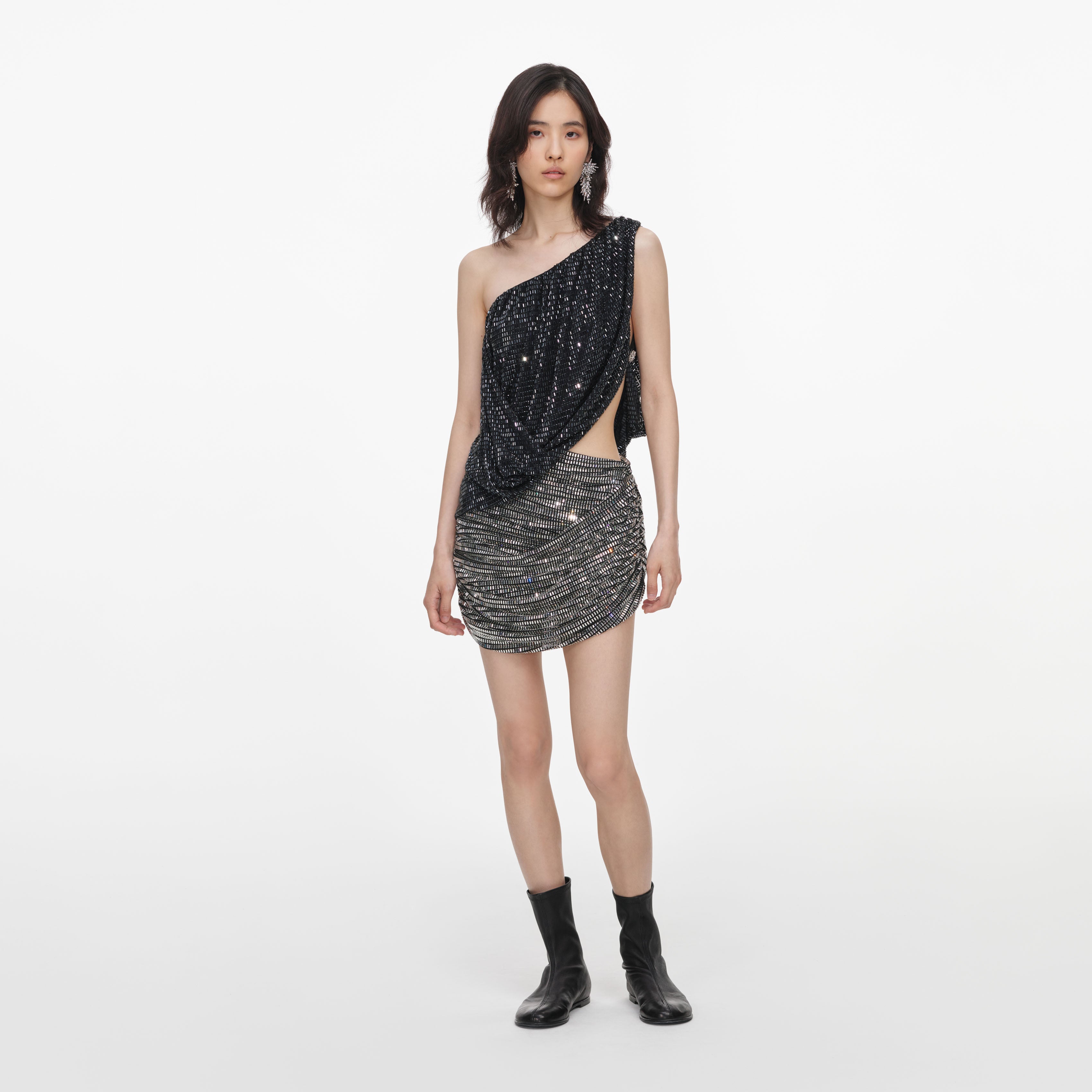 Self Portrait Black Rhinestone One Shoulder Drape Top