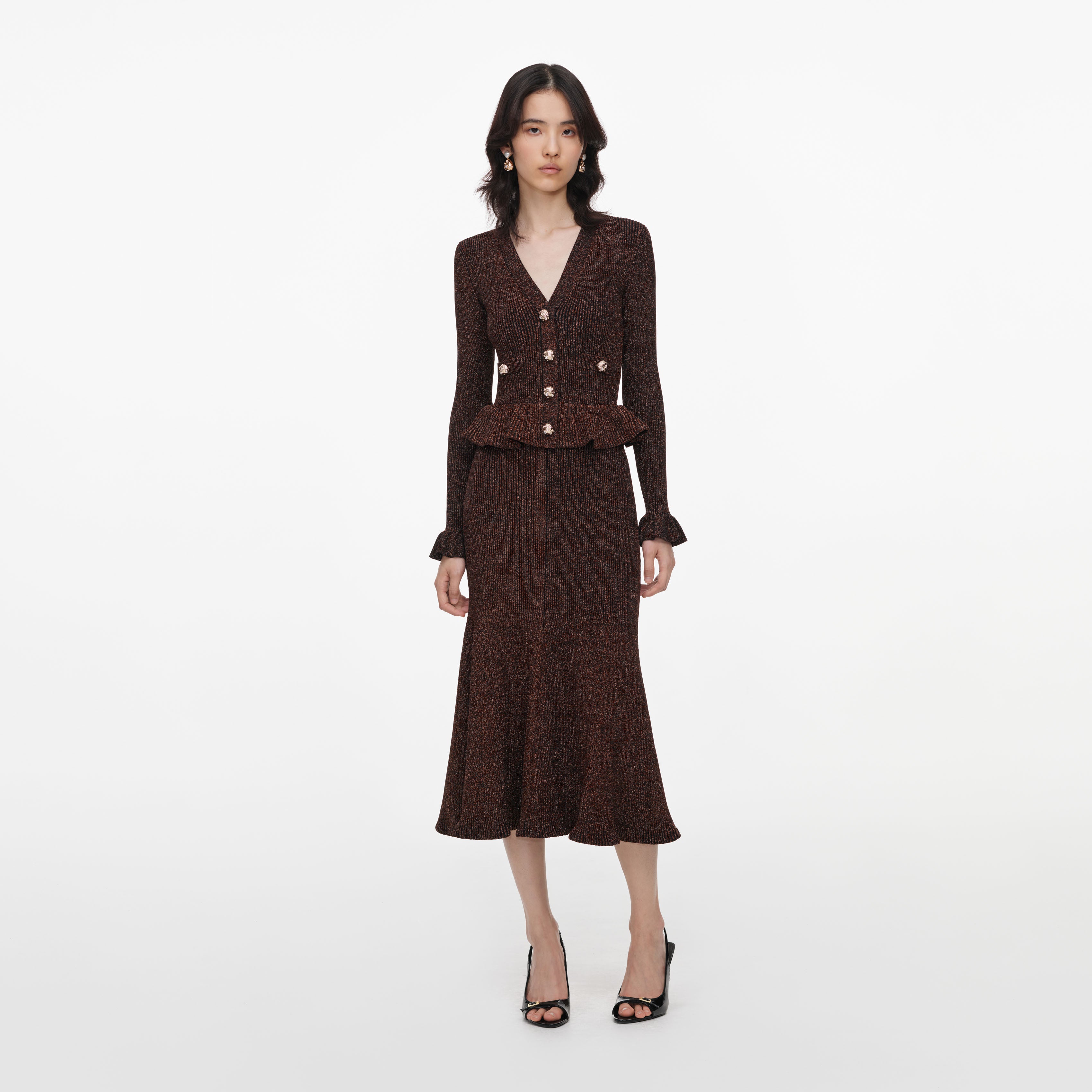Self Portrait Brown Lurex Peplum Knit Midi Dress