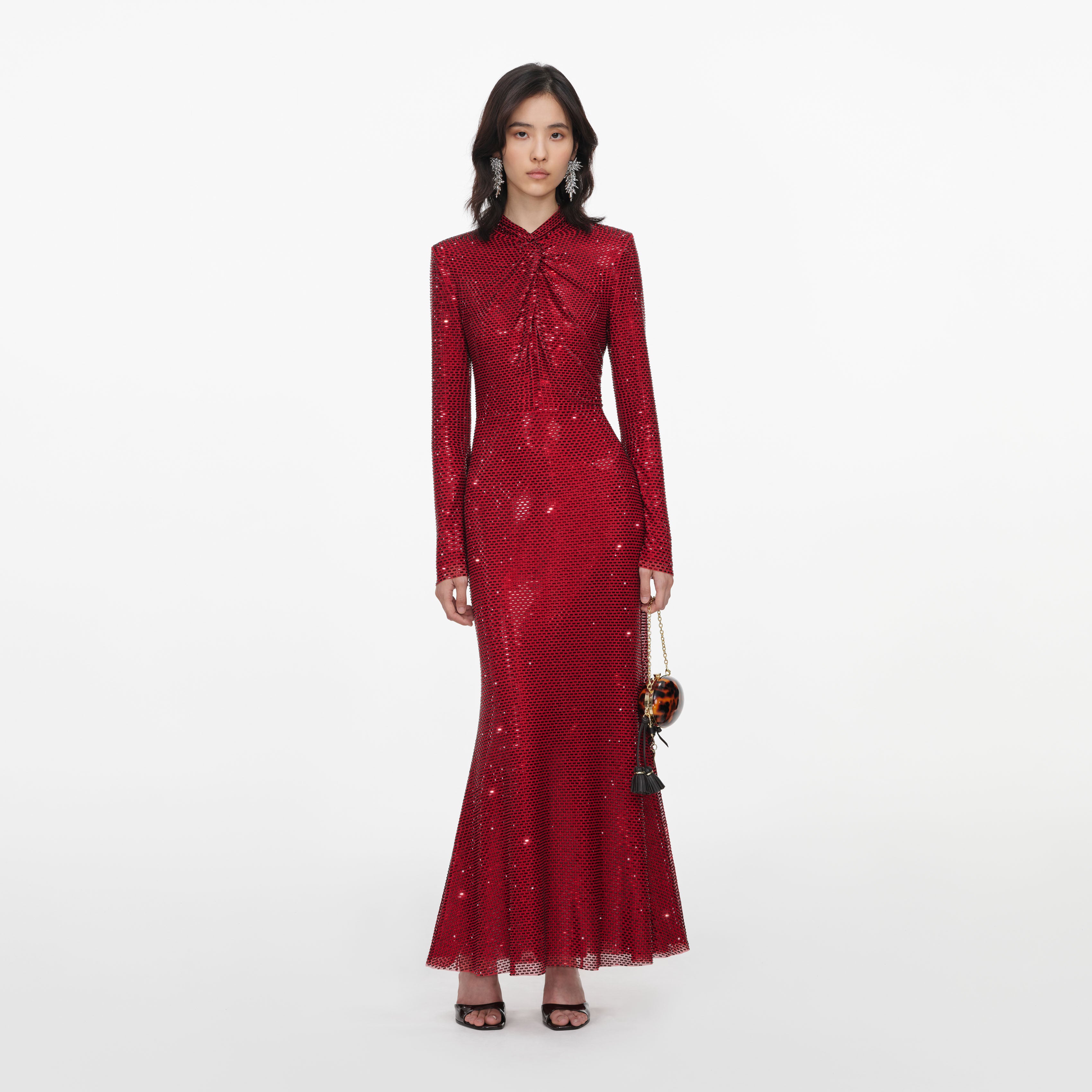 Self Portrait Red Rhinestone Mesh Twist Midi Dress