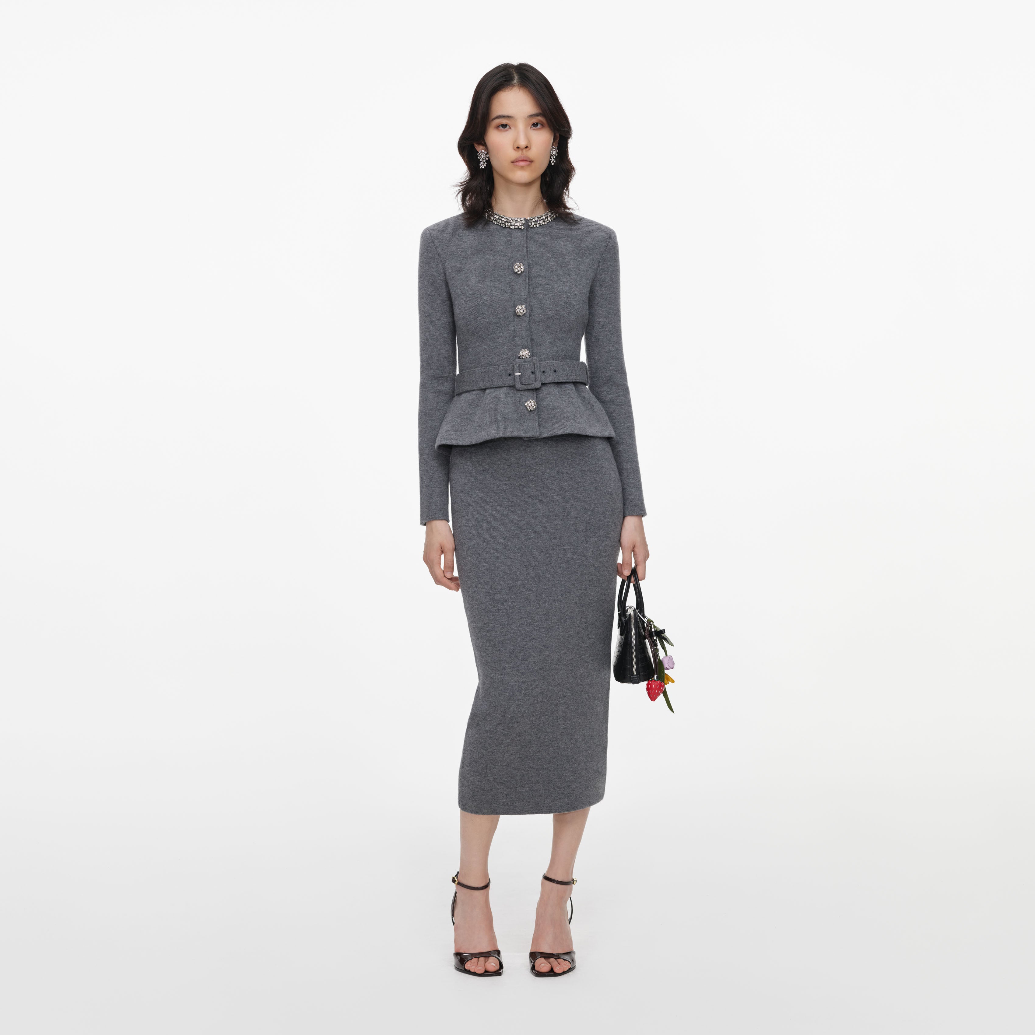 Self Portrait Grey Crystal Trim Knit Midi Dress