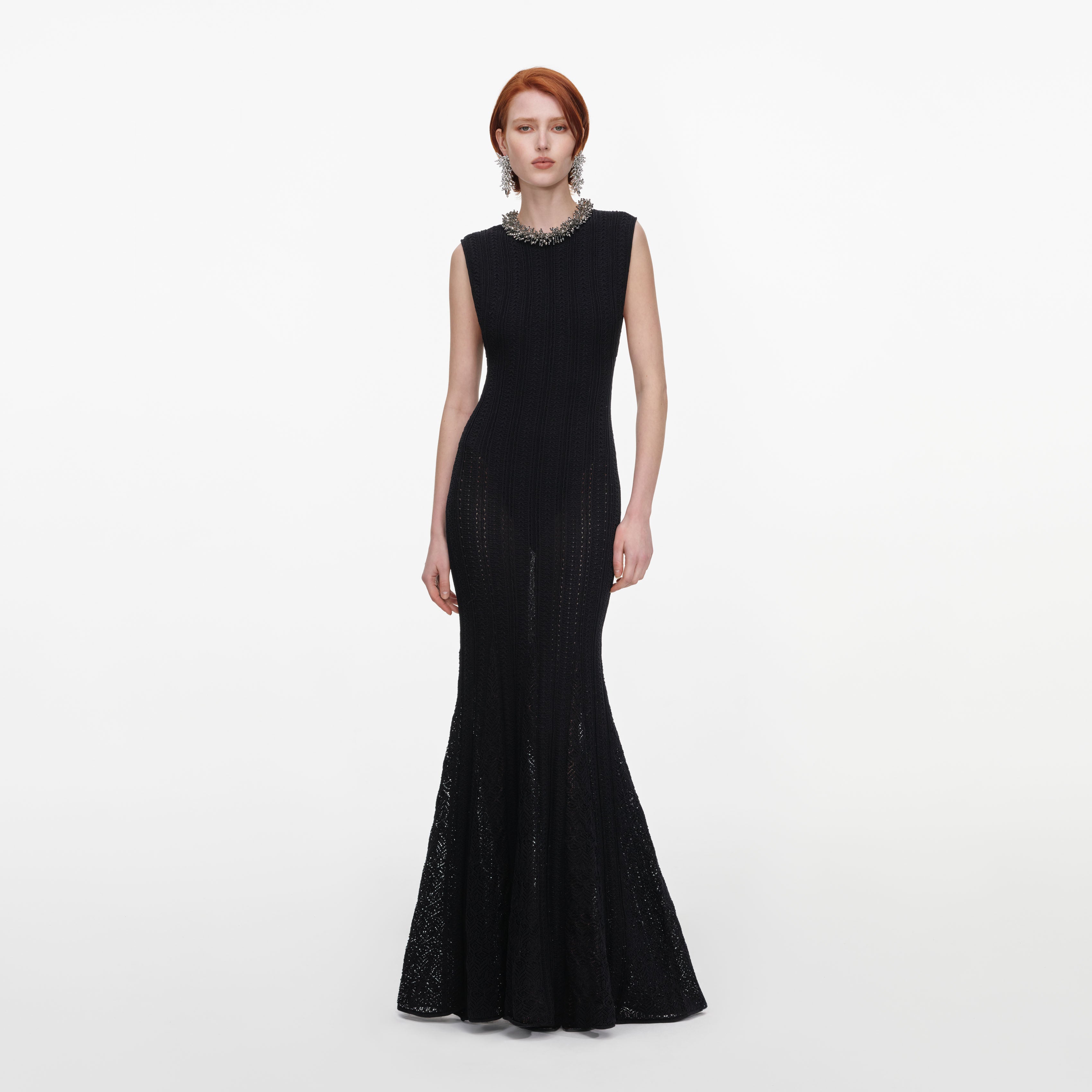 Self Portrait Black Beaded Pointelle Knit Maxi Dress
