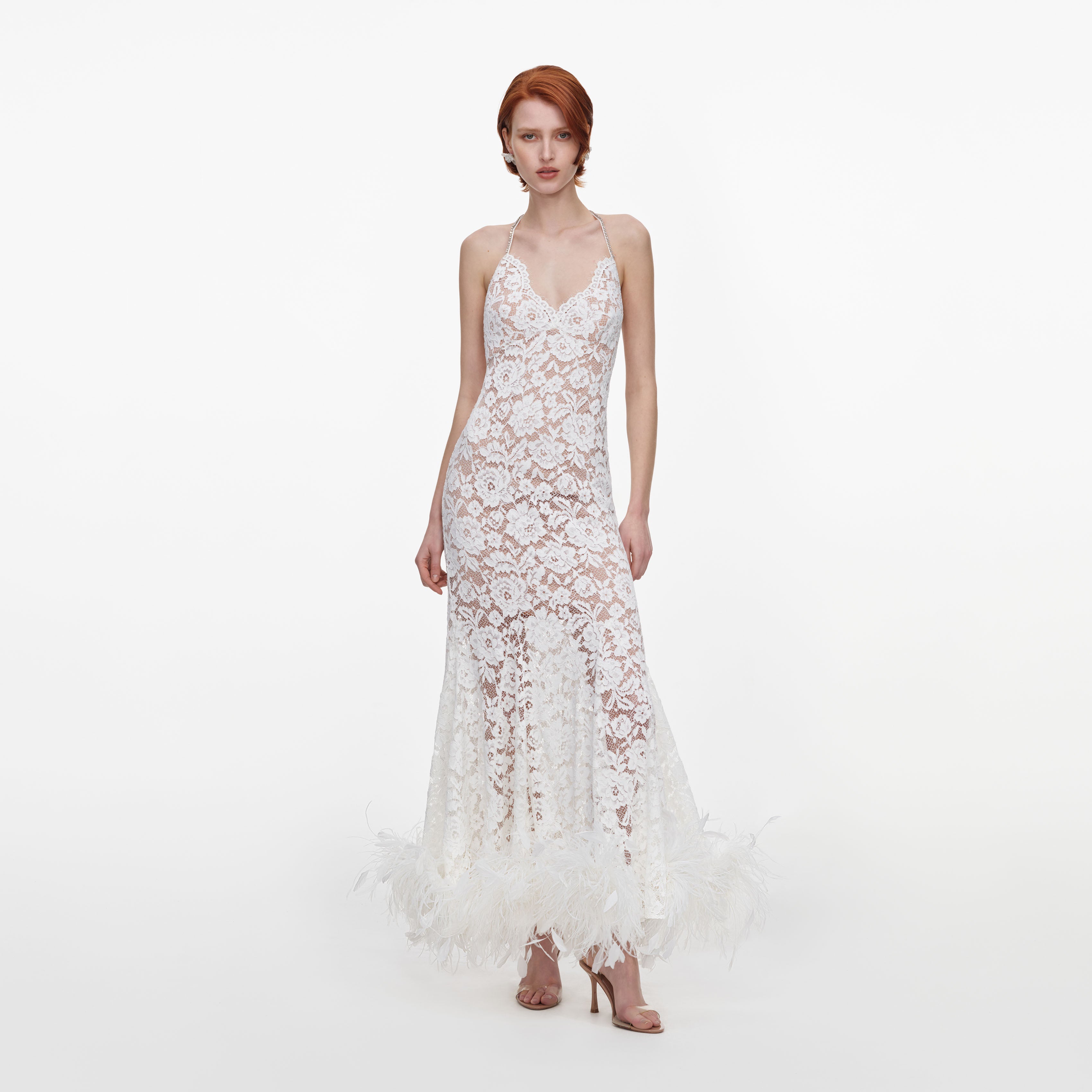 Self Portrait White Fine Lace Feather Maxi Dress