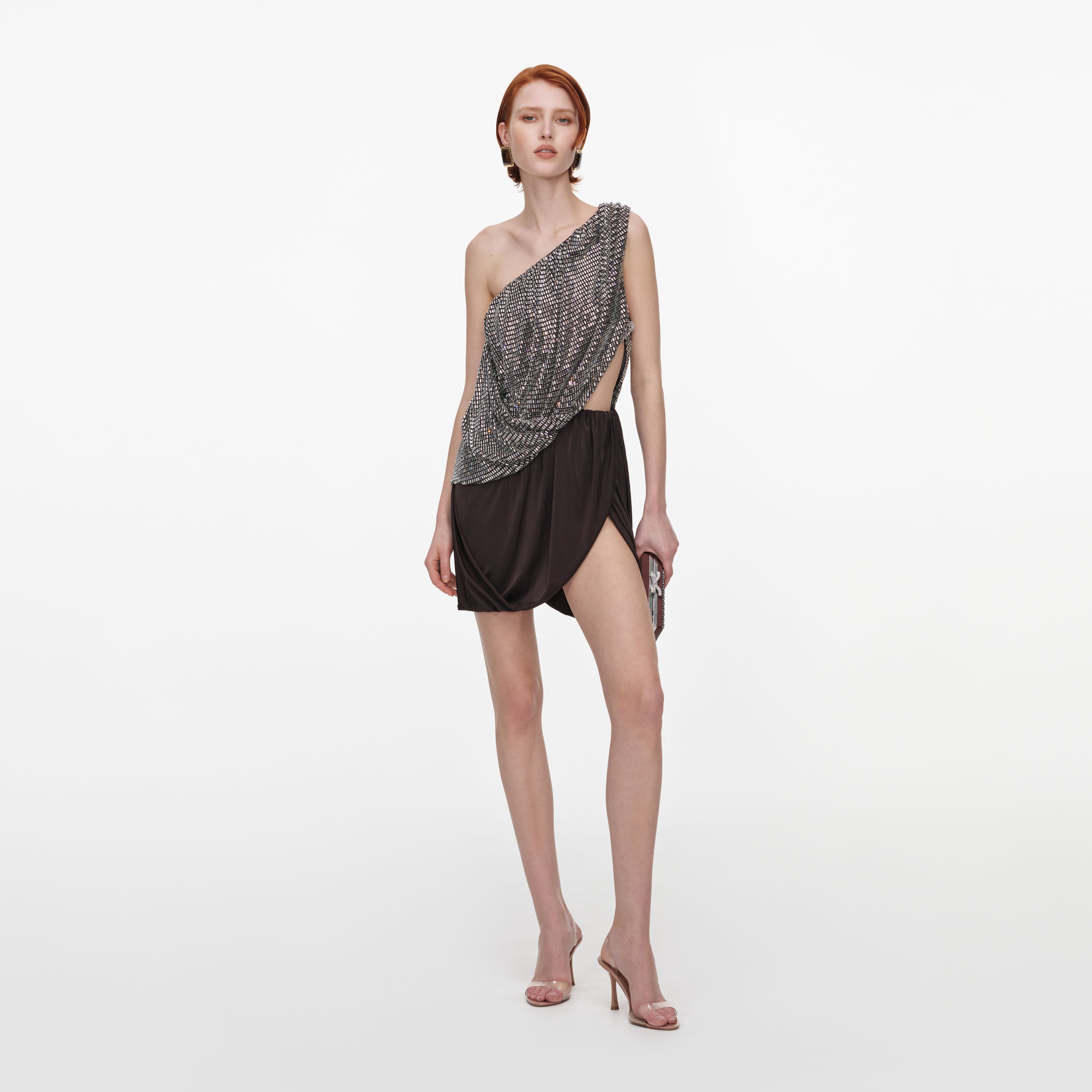 Self Portrait Rhinestone One Shoulder Drape Mini Dress