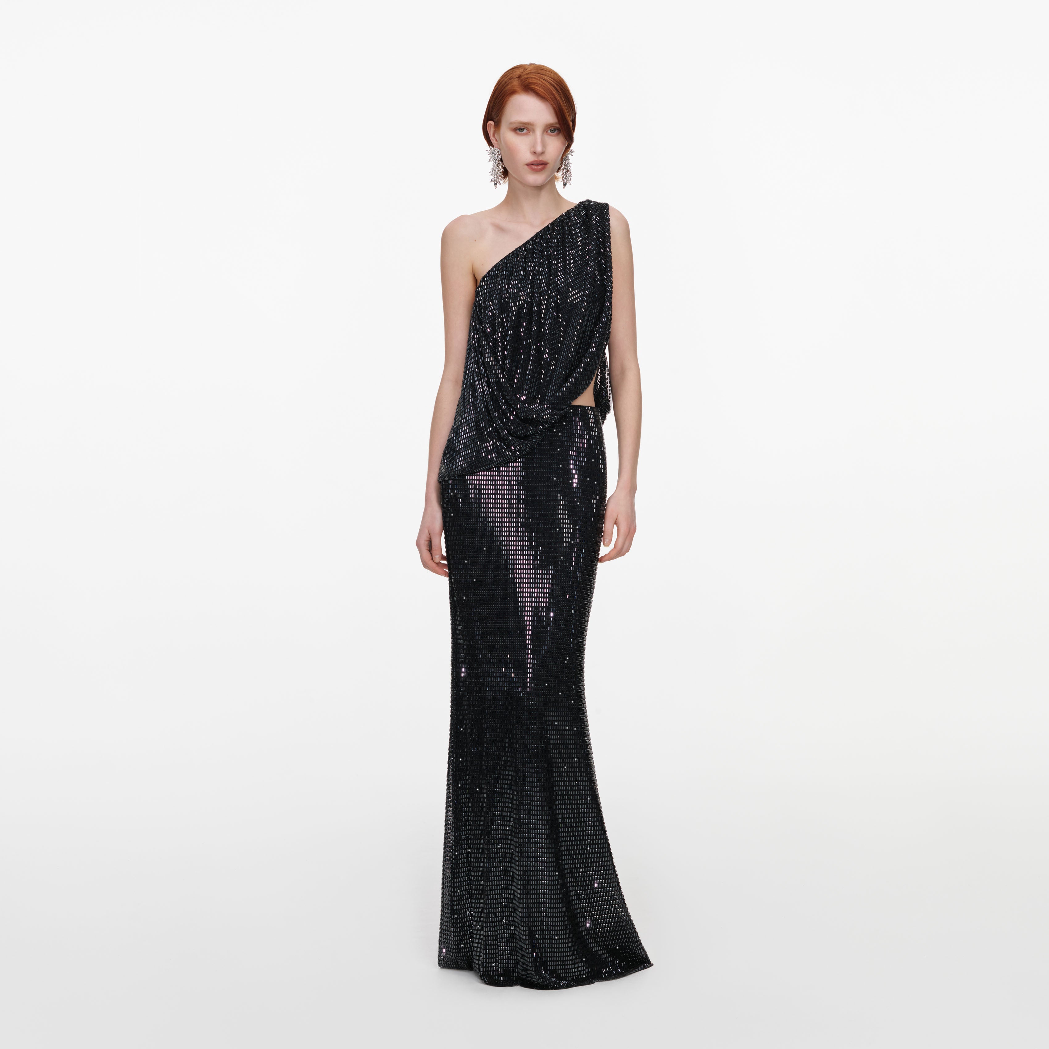 Self Portrait Black Rhinestone One Shoulder Drape Maxi Dress