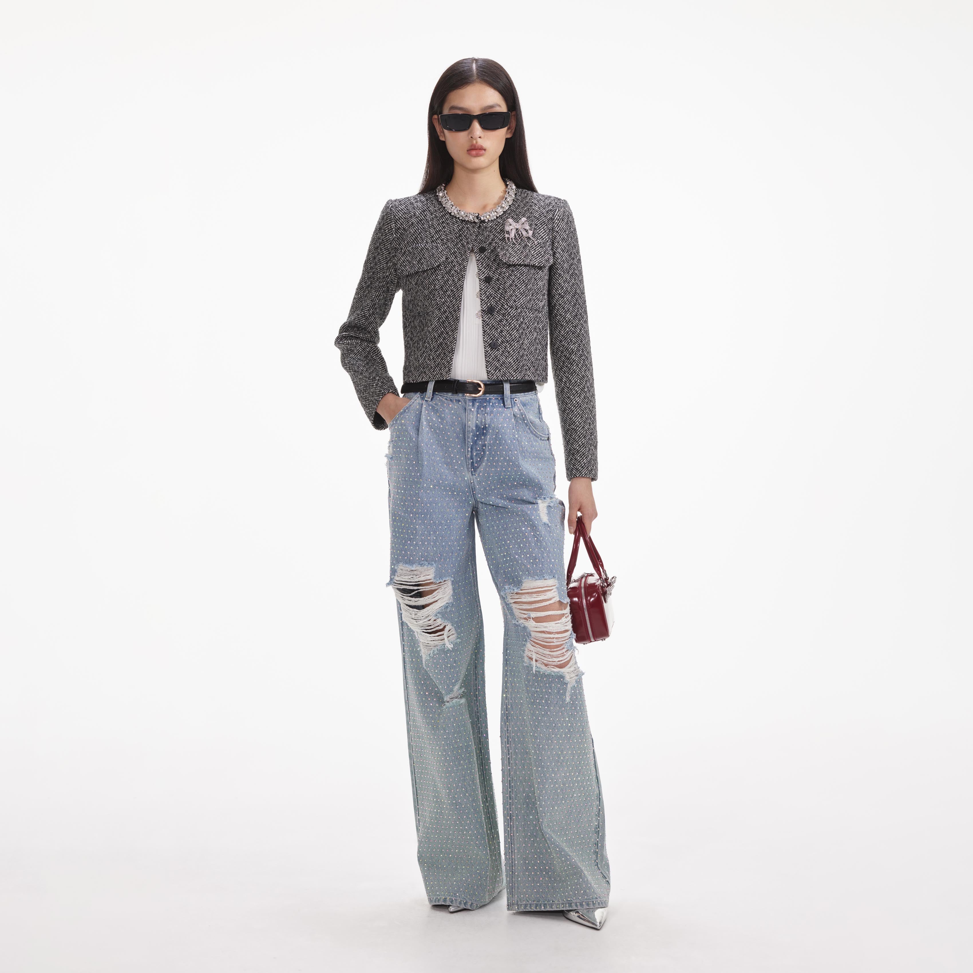 Self Portrait Rhinestone Ombre Distressed Jeans