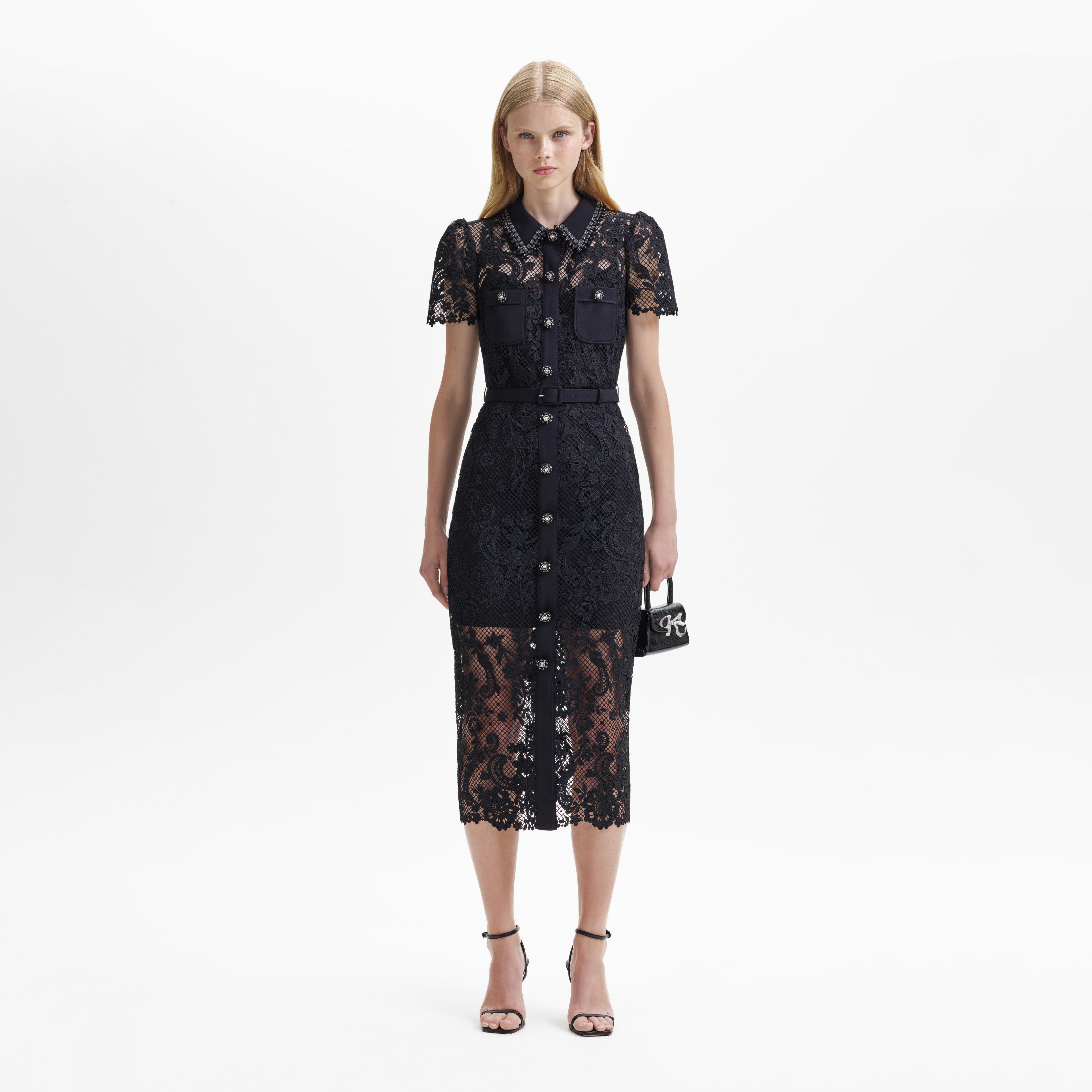 Self Portrait Black Lace Button Front Midi Dress