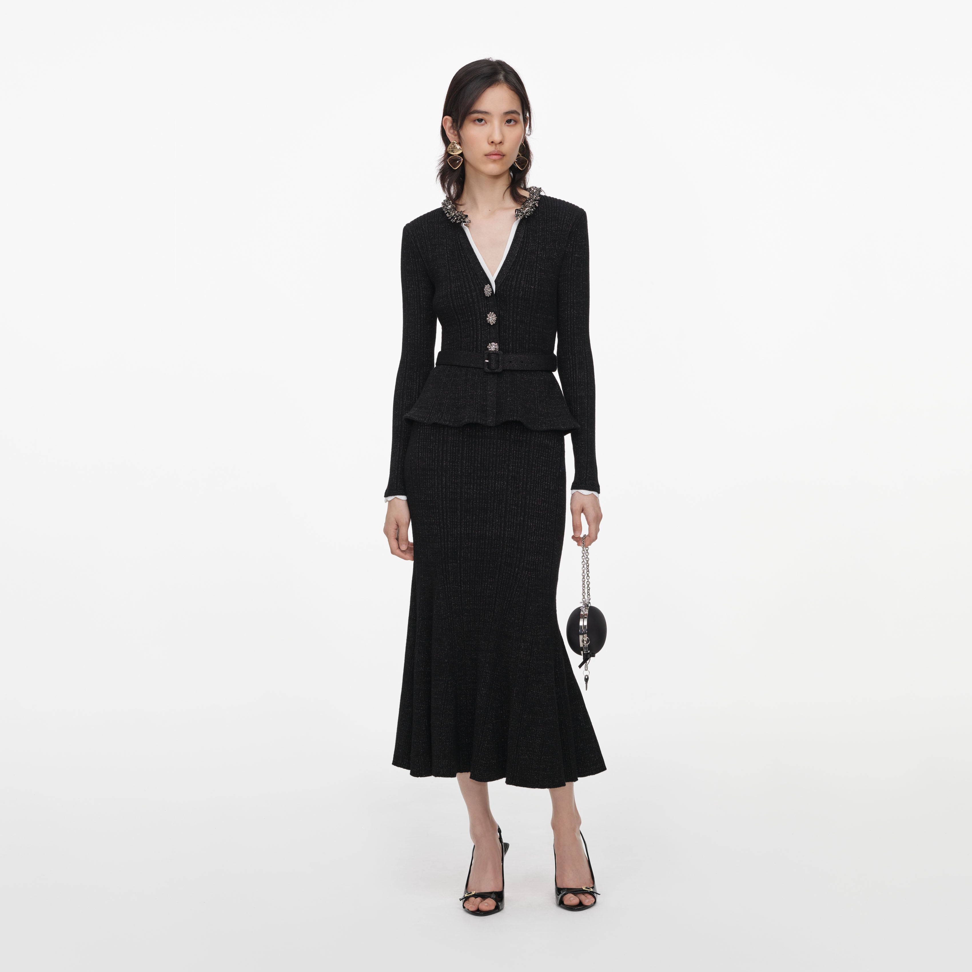 Self Portrait Black Lurex Rib Knit Midi Dress