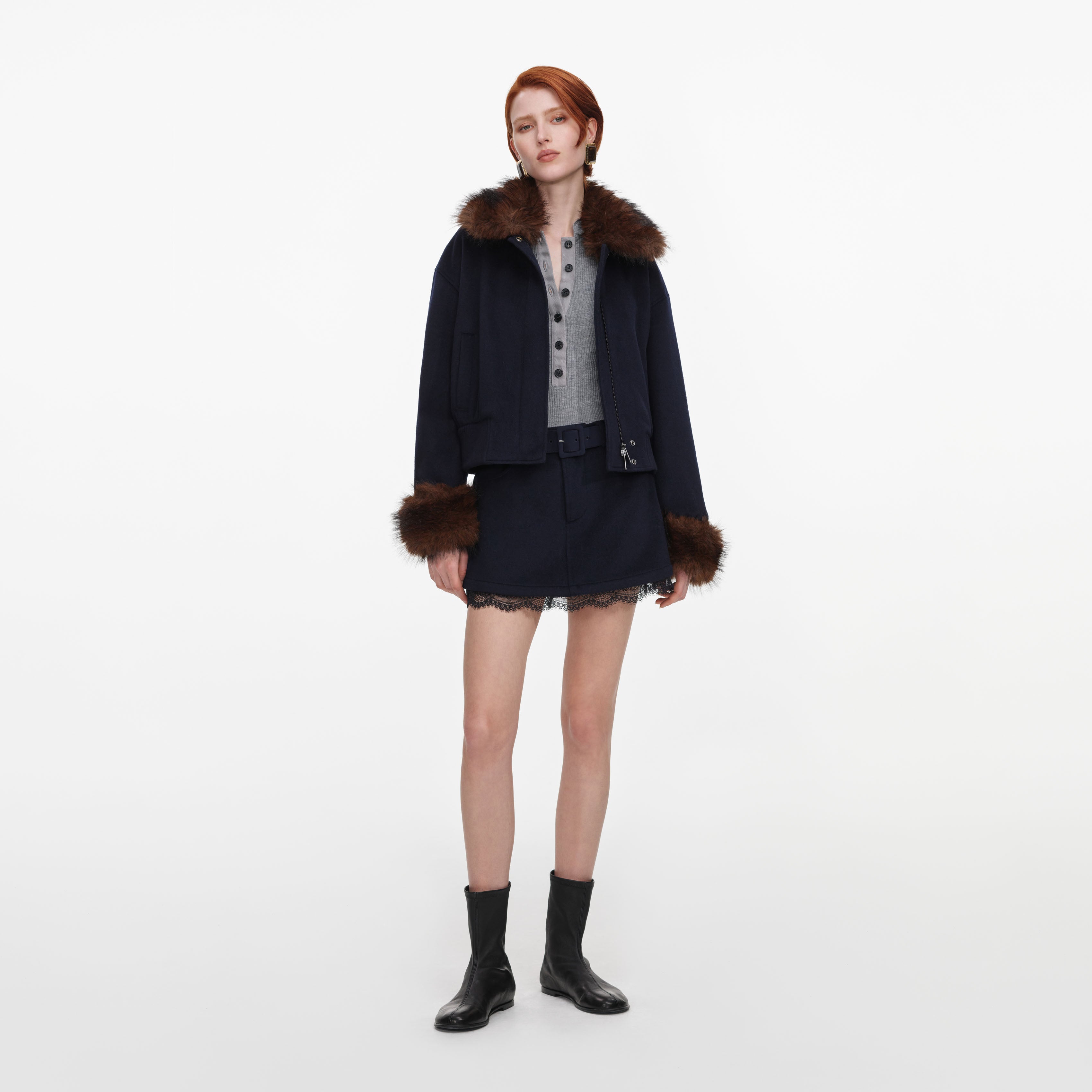 Self Portrait Navy Wool Fur Trim Jacket