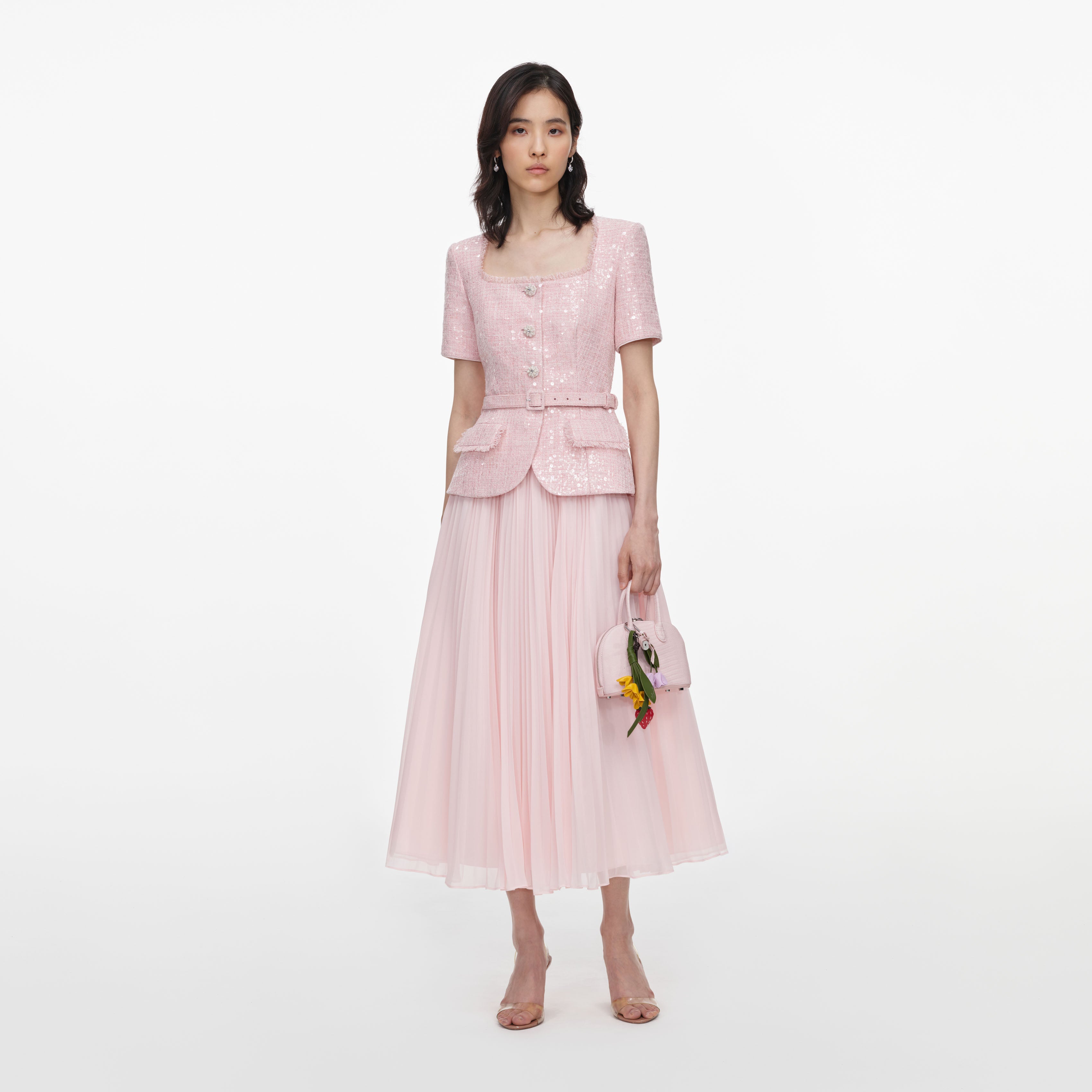 Self Portrait Pink Sequin Boucle Midi Dress