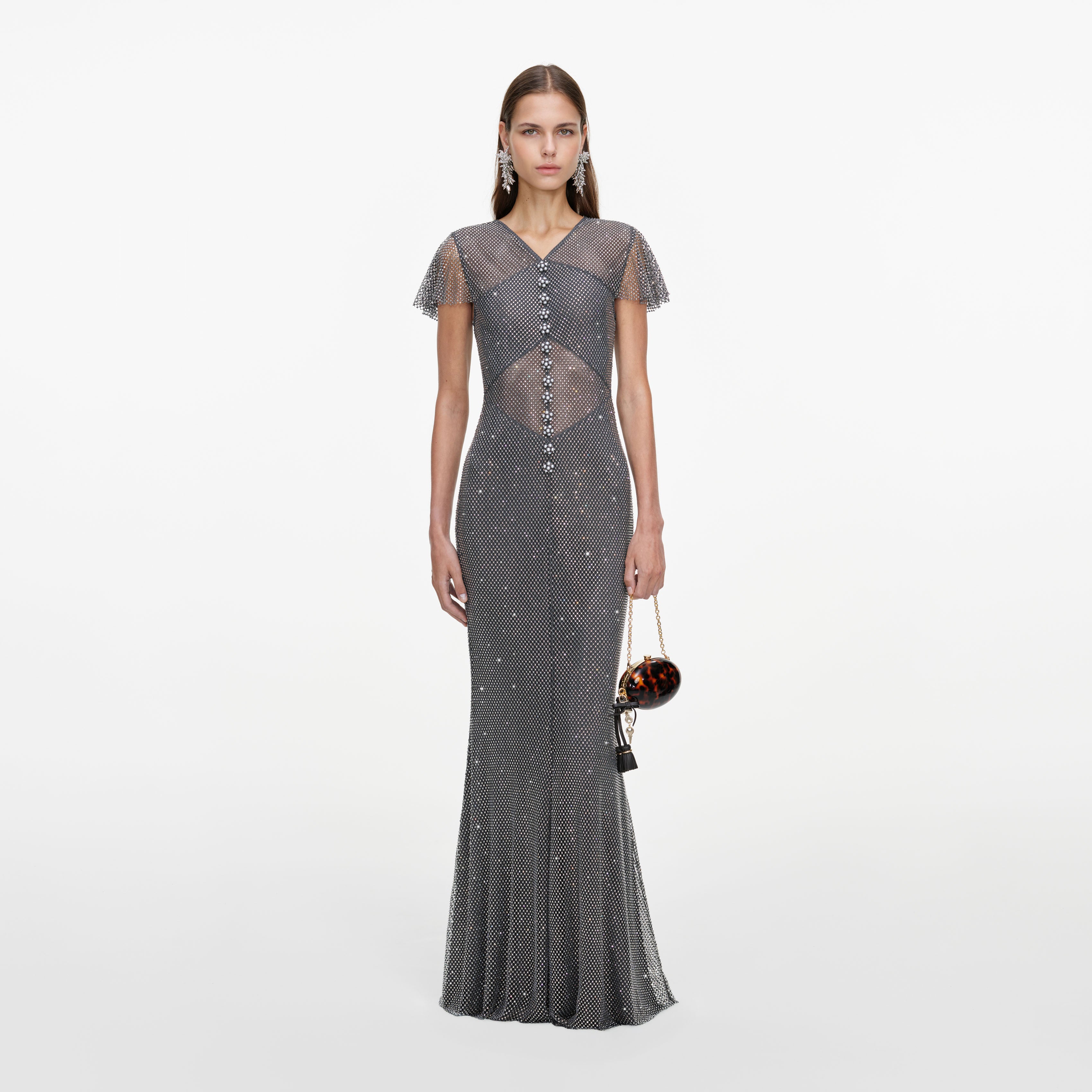 Self Portrait Grey Rhinestone Fishnet Maxi Dress