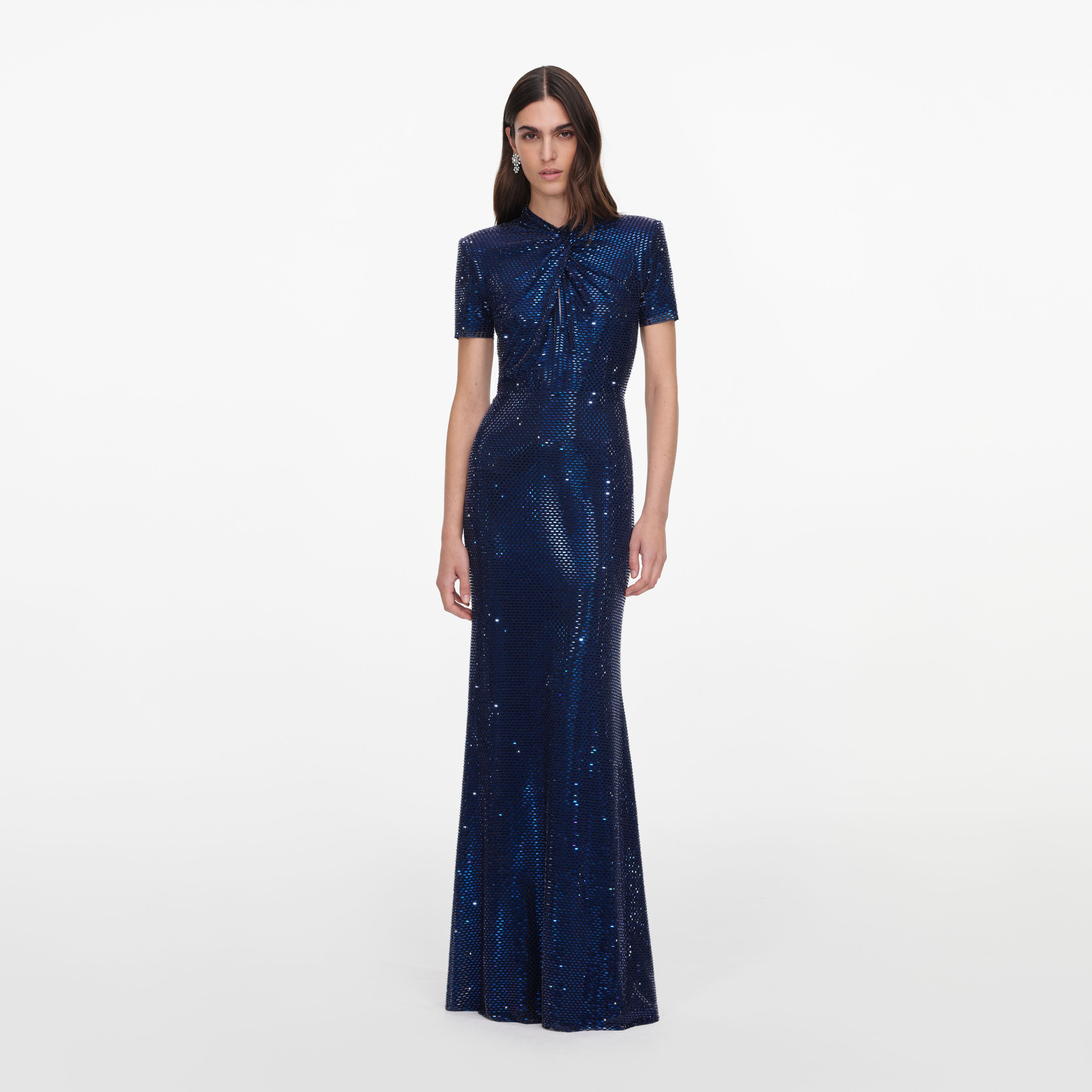 Self Portrait Navy Rhinestone Mesh Twist Maxi Dress
