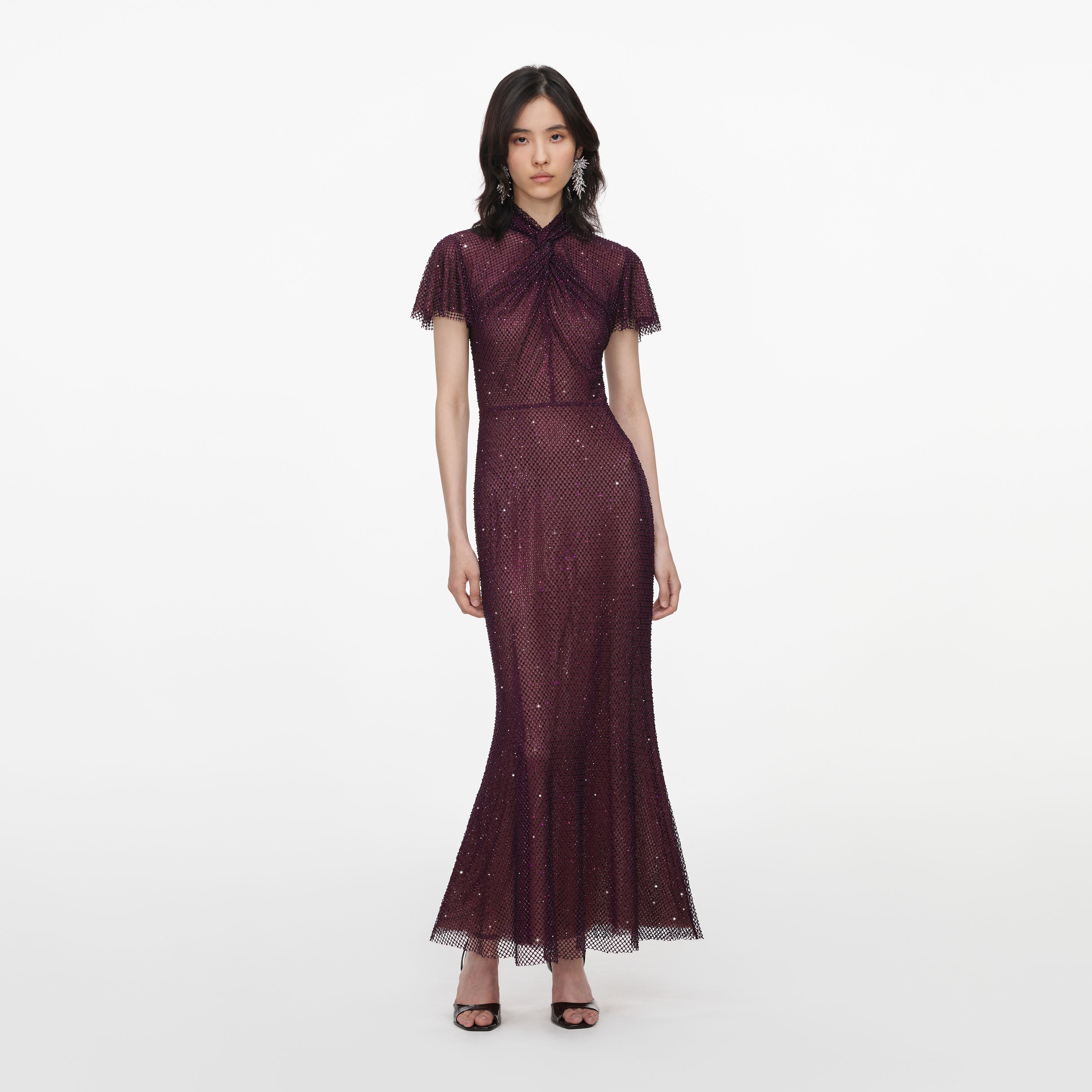 Self Portrait Burgundy Rhinestone Fishnet Midi Dress
