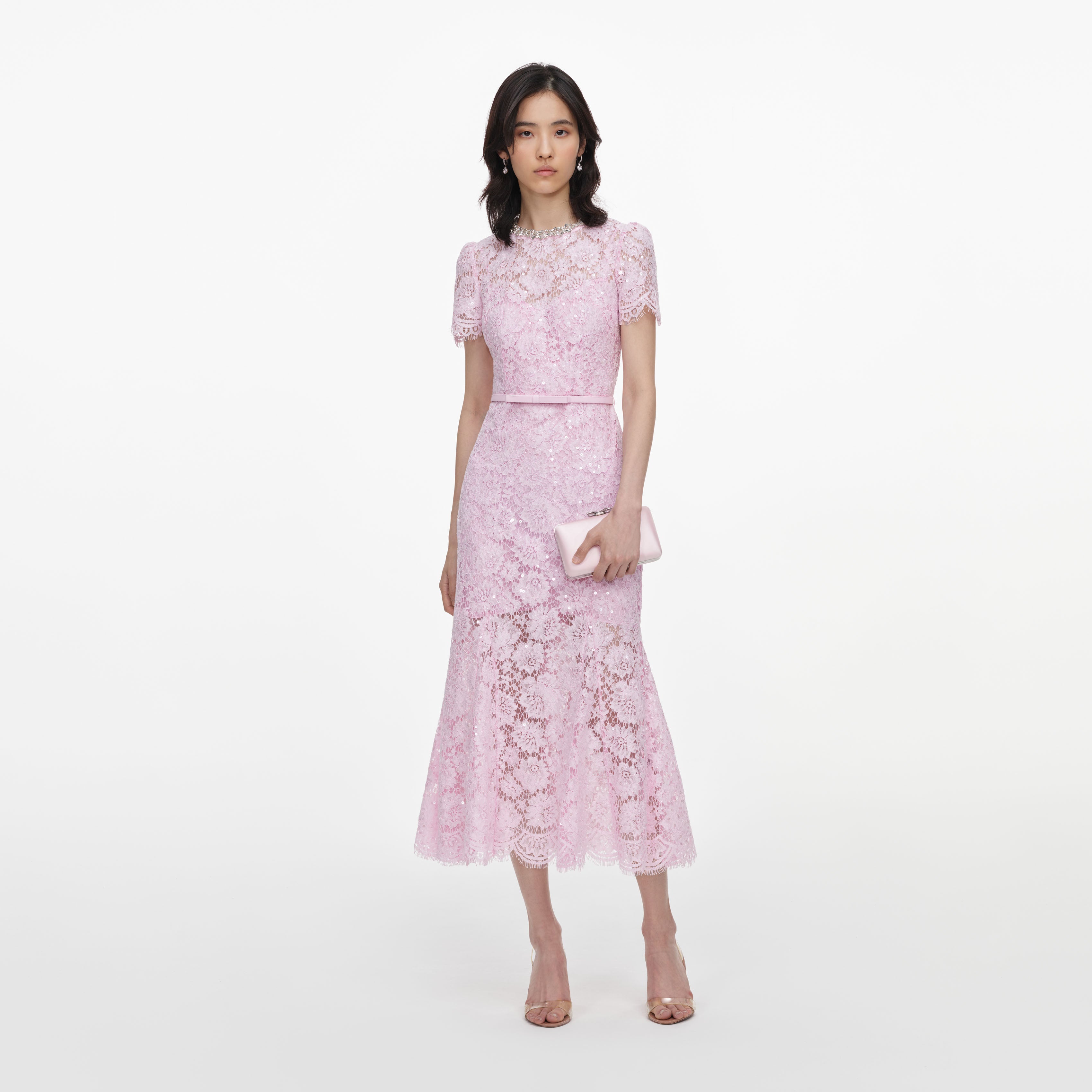 Self Portrait Pink Sequin Lace Midi Dress
