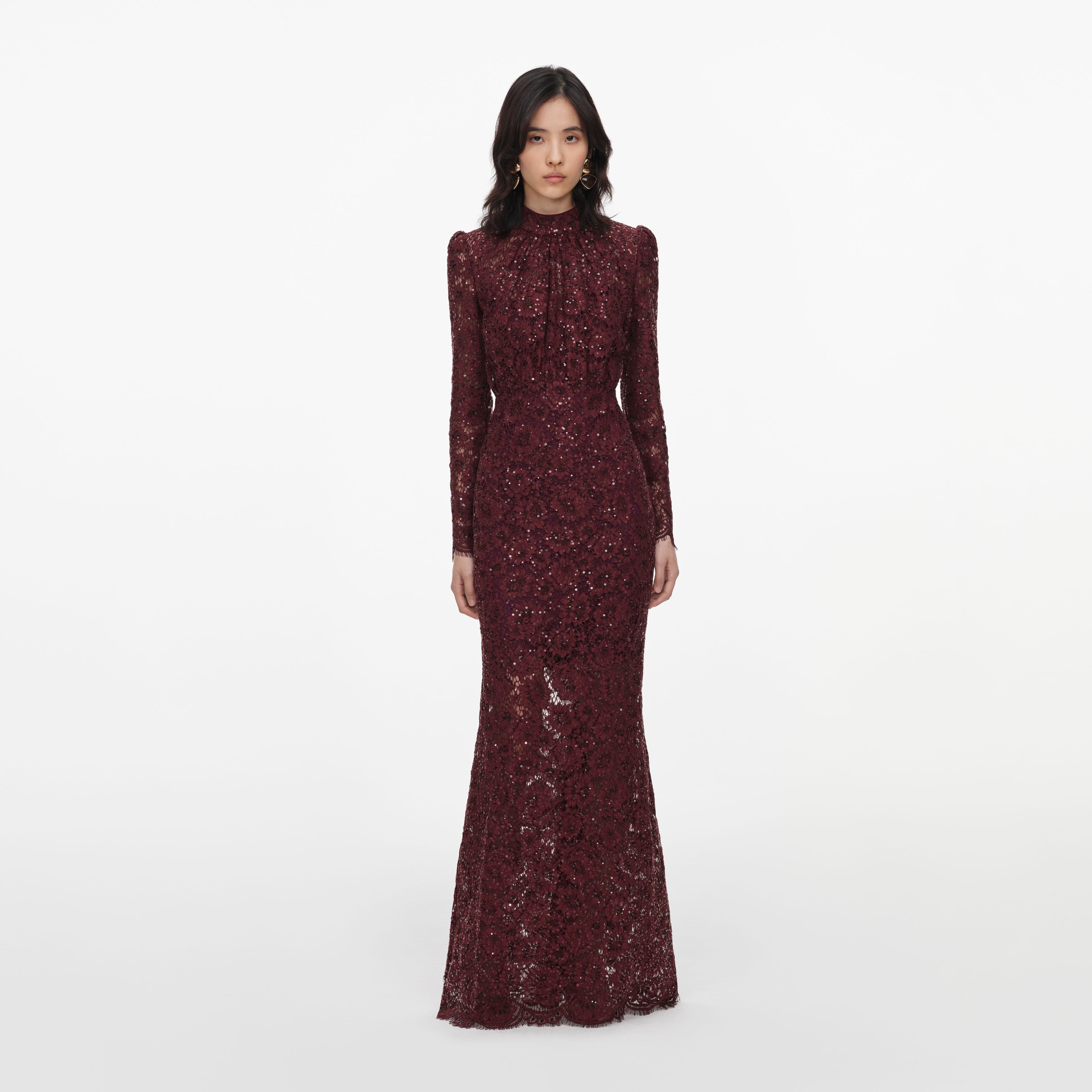 Self Portrait Burgundy Sequin Lace Maxi Dress