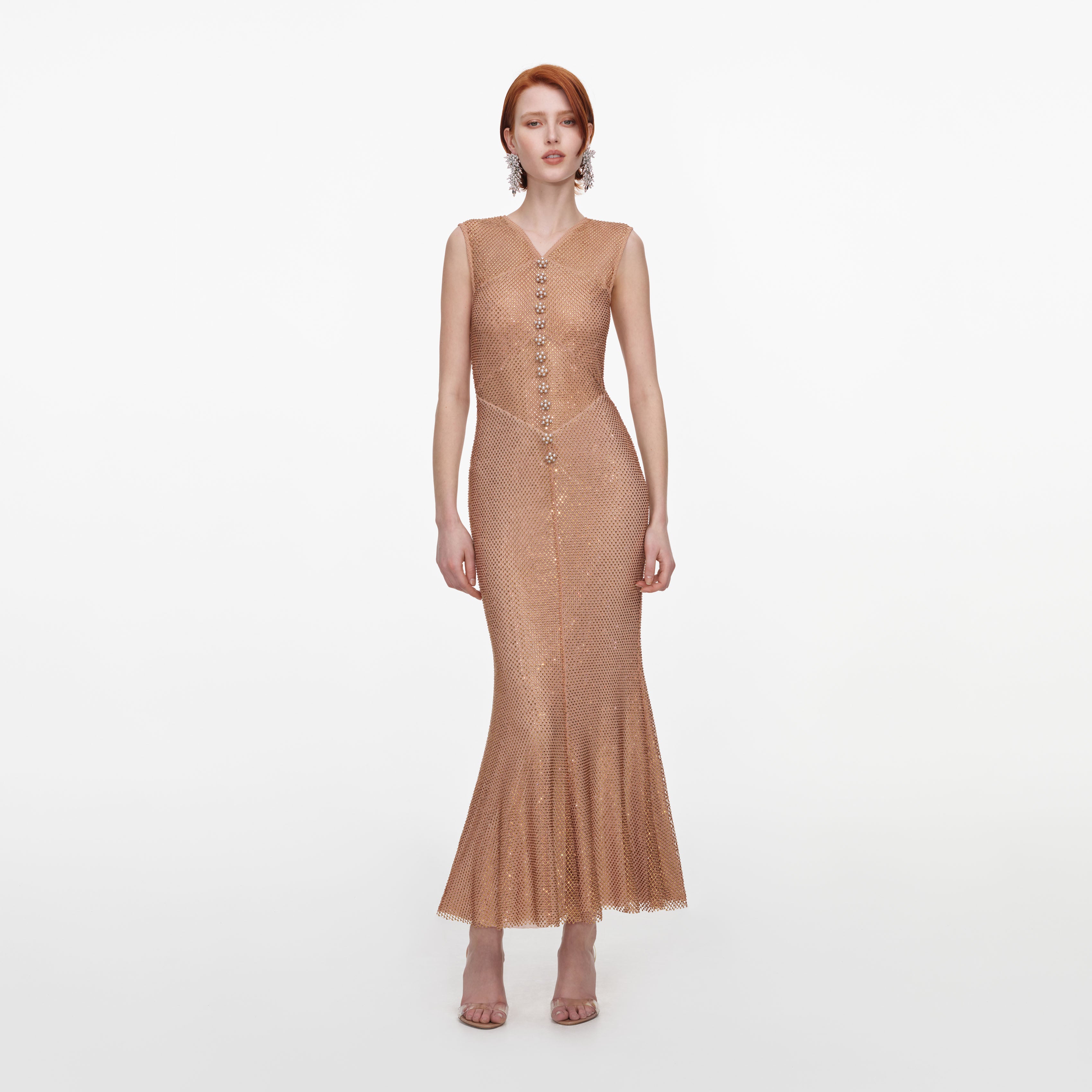 Self Portrait Champagne Rhinestone Fishnet Midi Dress