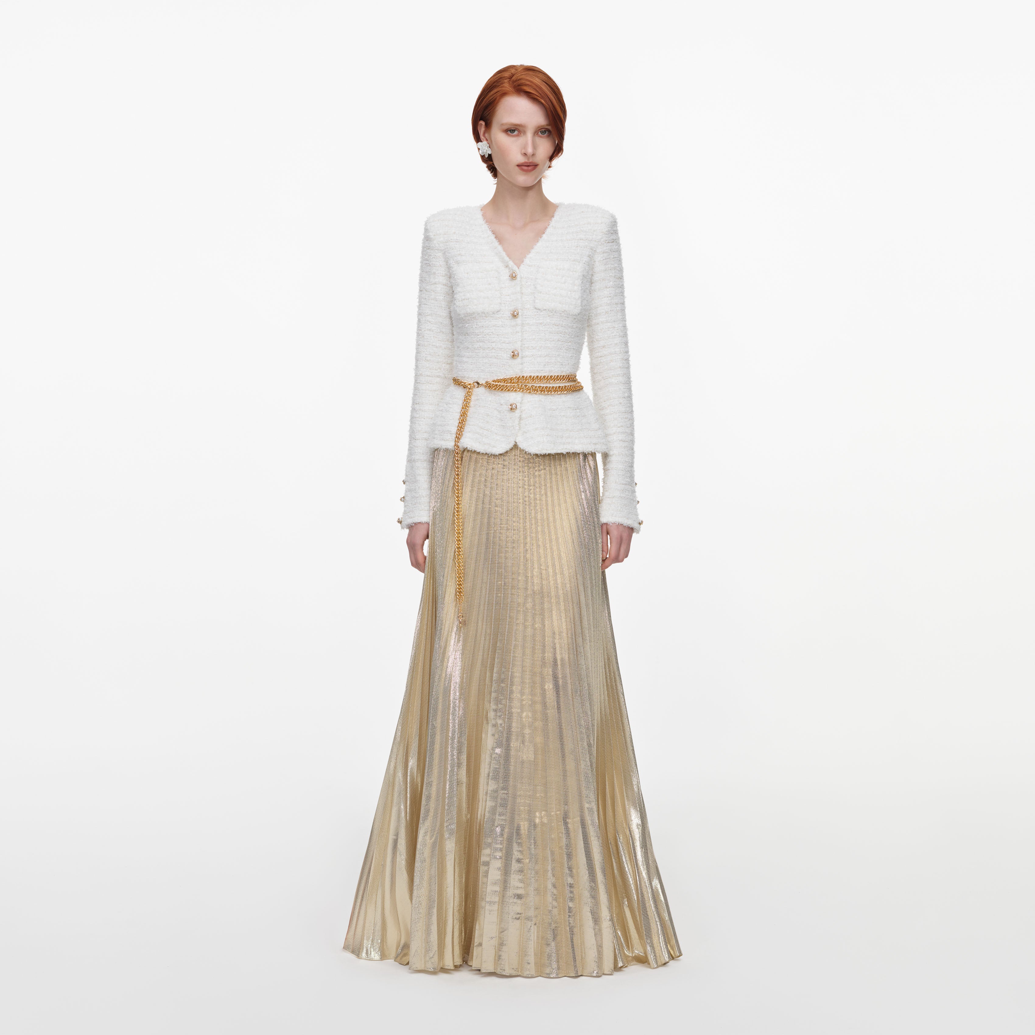 Self Portrait Cream Textured Knit Metallic Chiffon Maxi Dress