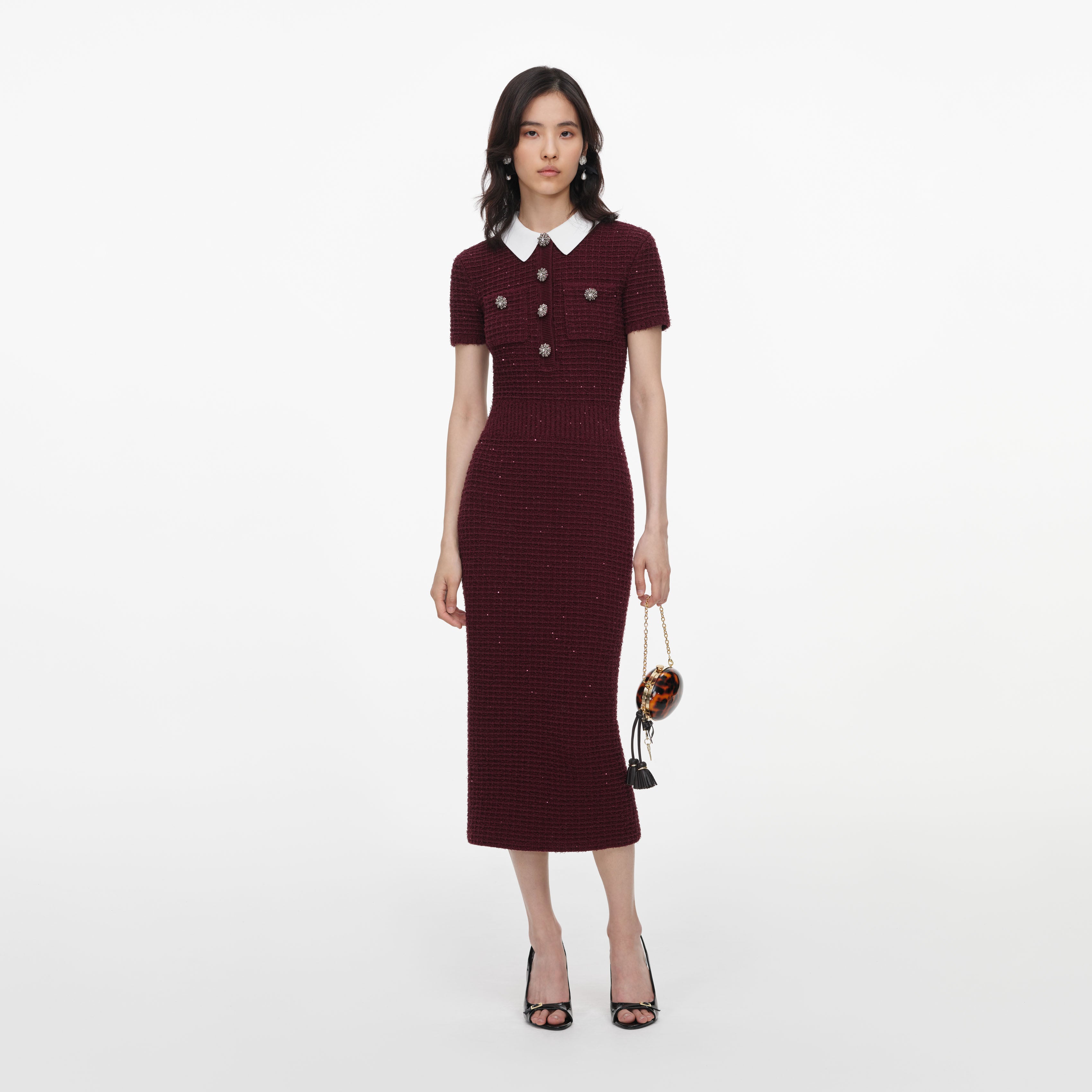 Self Portrait Burgundy Textured Knit Midi Dress
