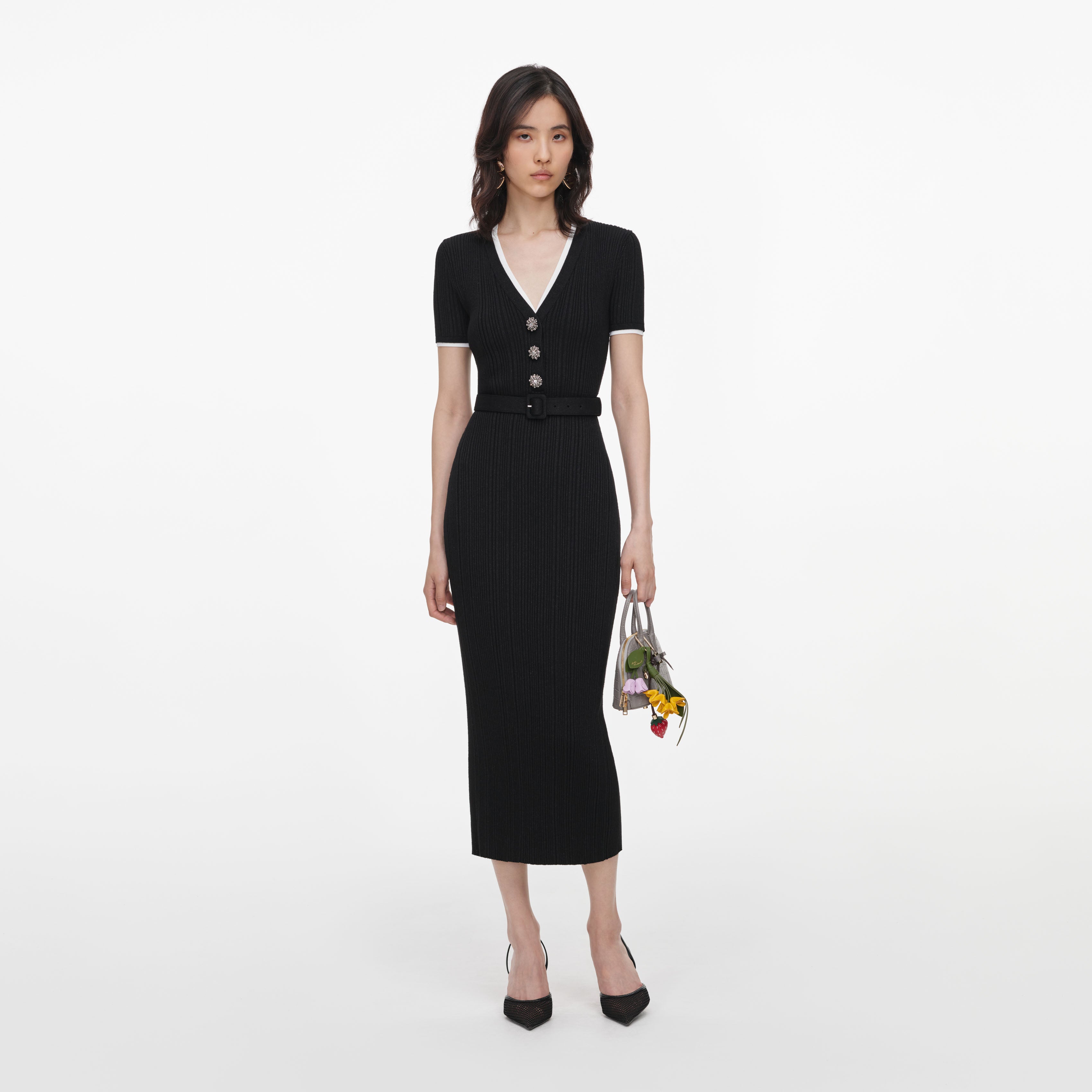 Self Portrait Black Rib Knit Midi Dress
