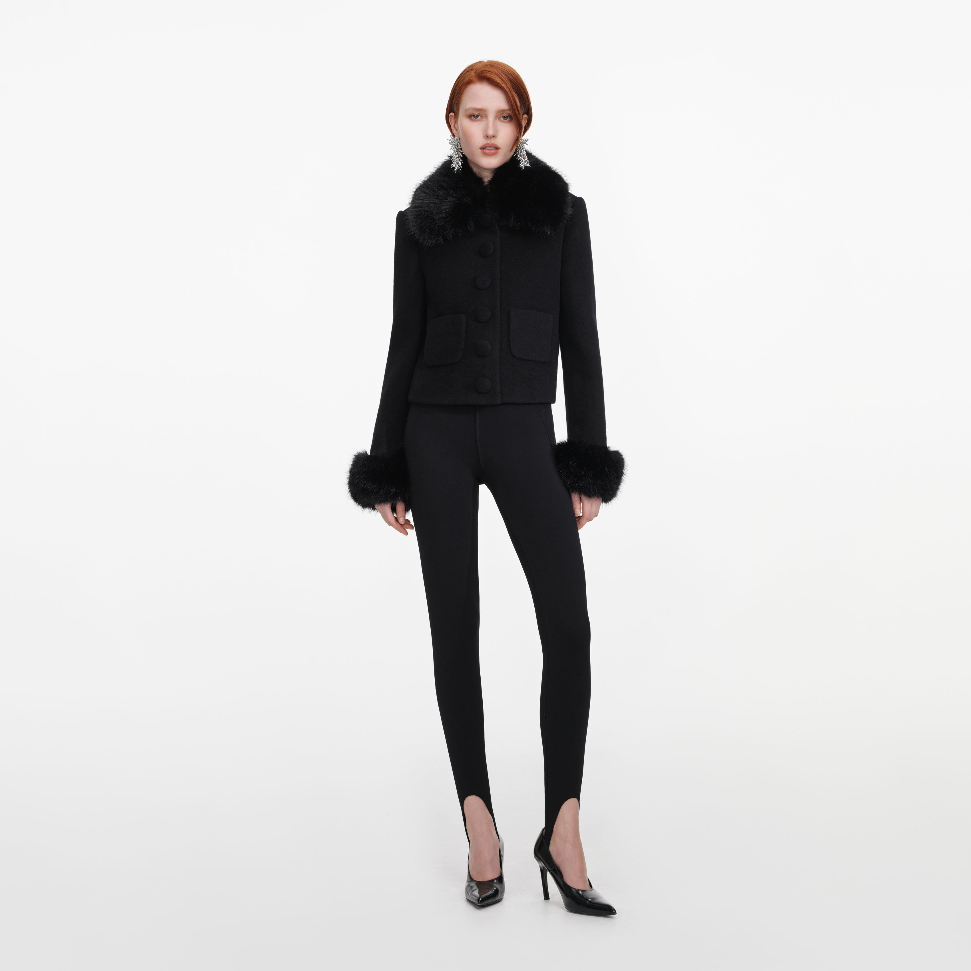 Self Portrait Black Wool Fur Cuff Jacket