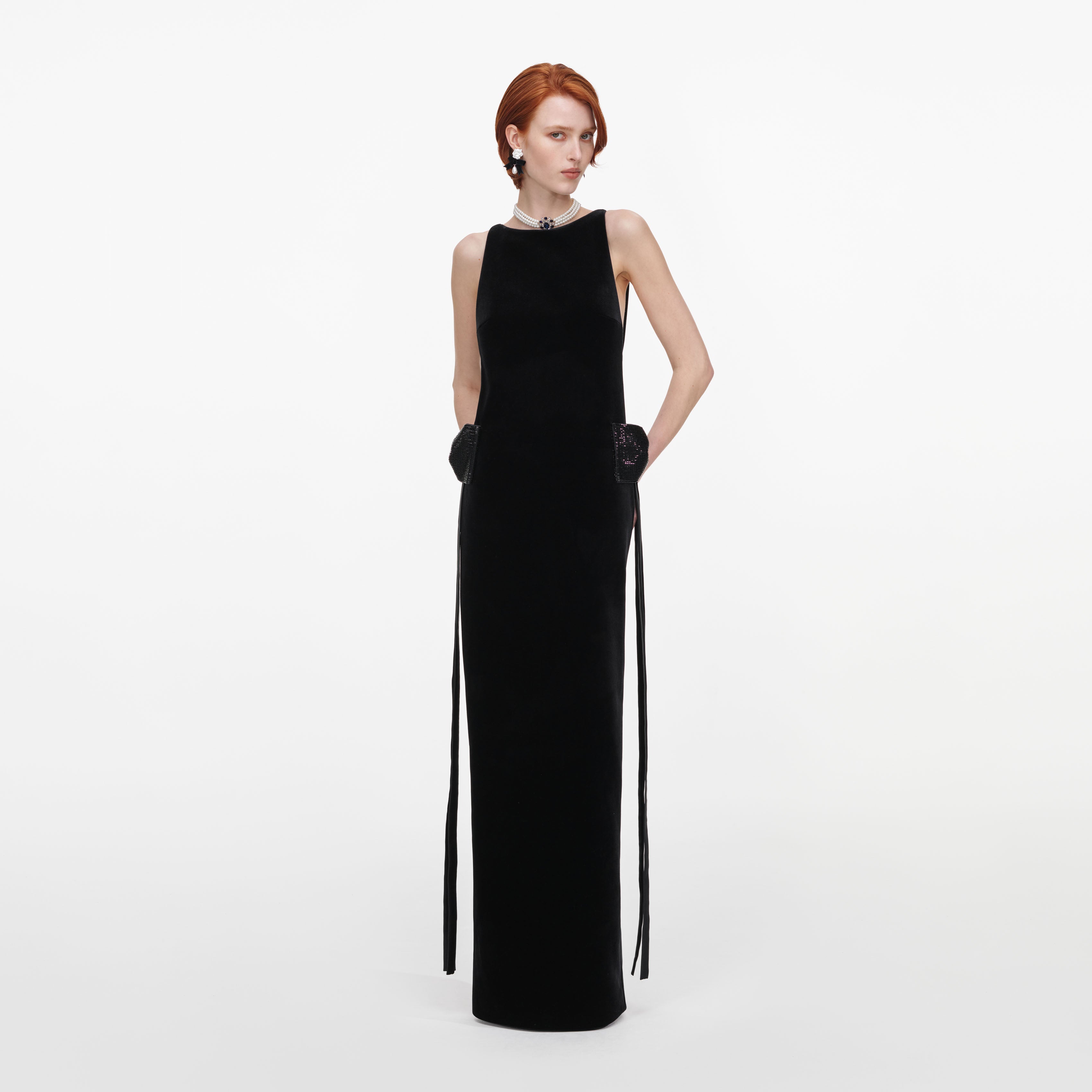 Self Portrait Black Velvet Bow Sides Maxi Dress