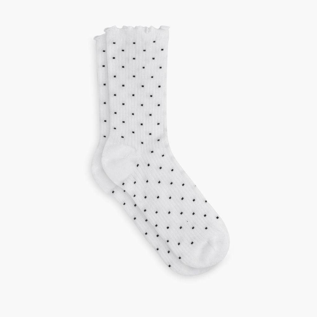 Thursdayboots Women’s Ruffle Rib Quarter Sock | White x Black Polka Dot