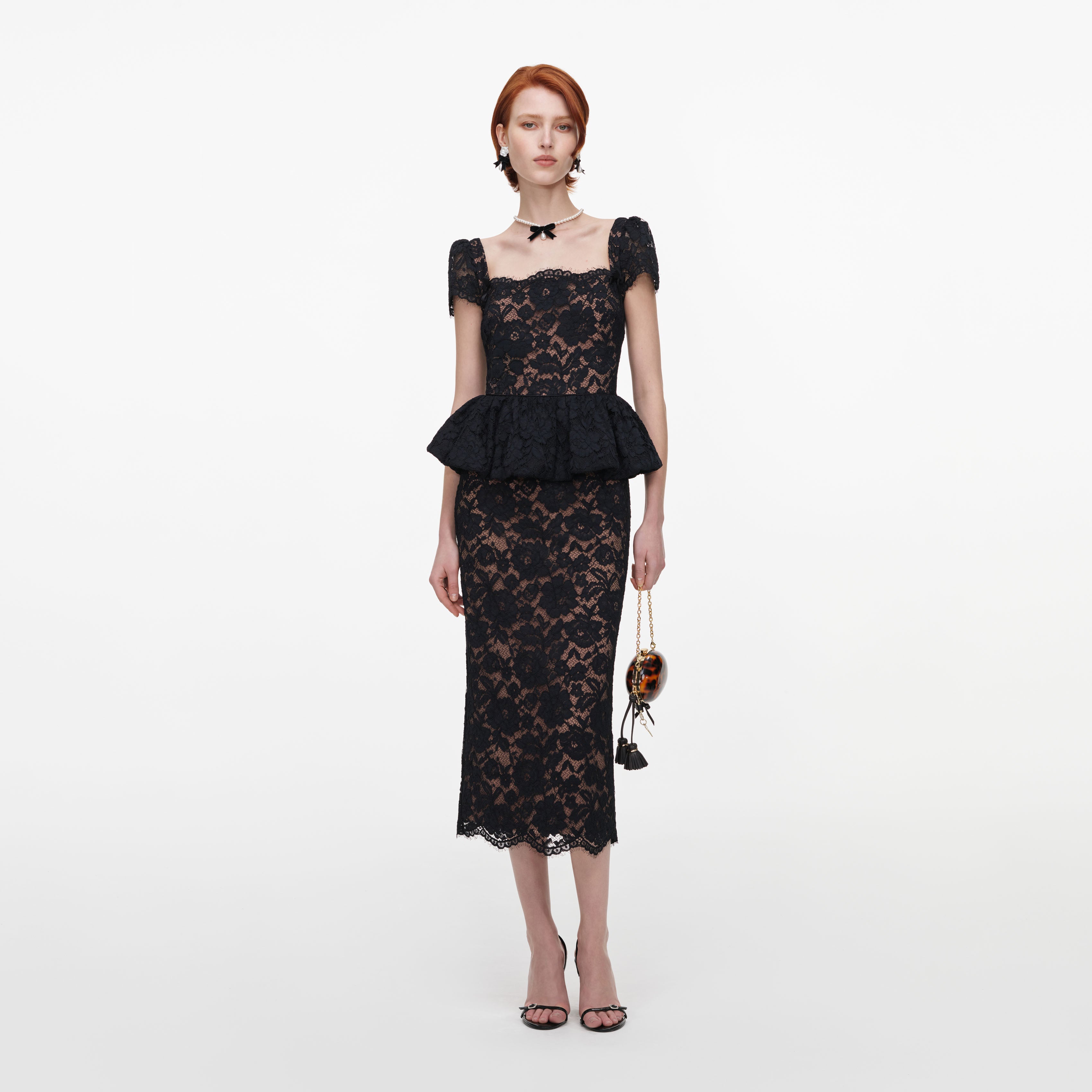 Self Portrait Black Fine Lace Peplum Midi Dress