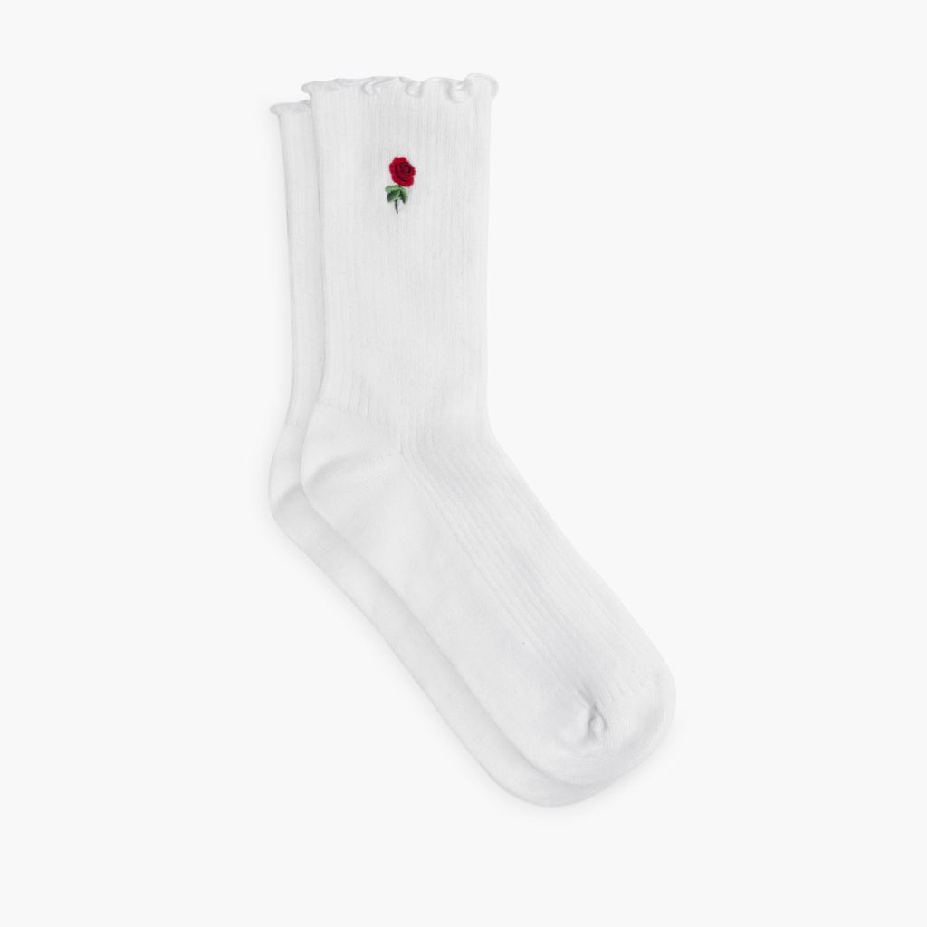 Thursdayboots Women’s Ruffle Rib Quarter Sock | White x Rose Embroidery